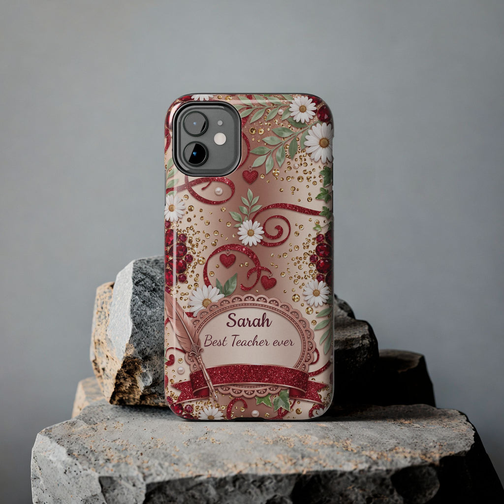 Personalized Teacher Phone Case — Custom Name and Message - Floral Jeweled Design