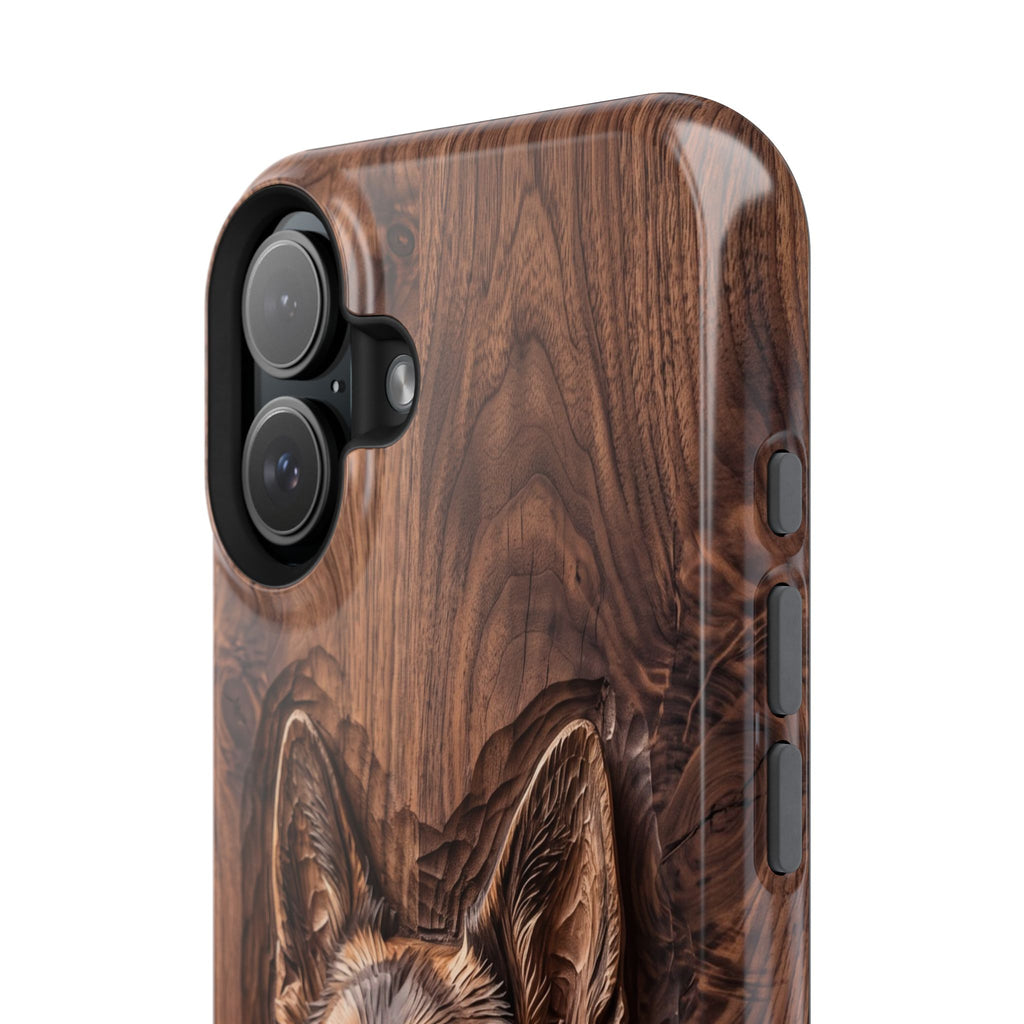German Shepherd Phone Case | Carved Walnut Art — Tough Magnetic Case with Wireless Charging