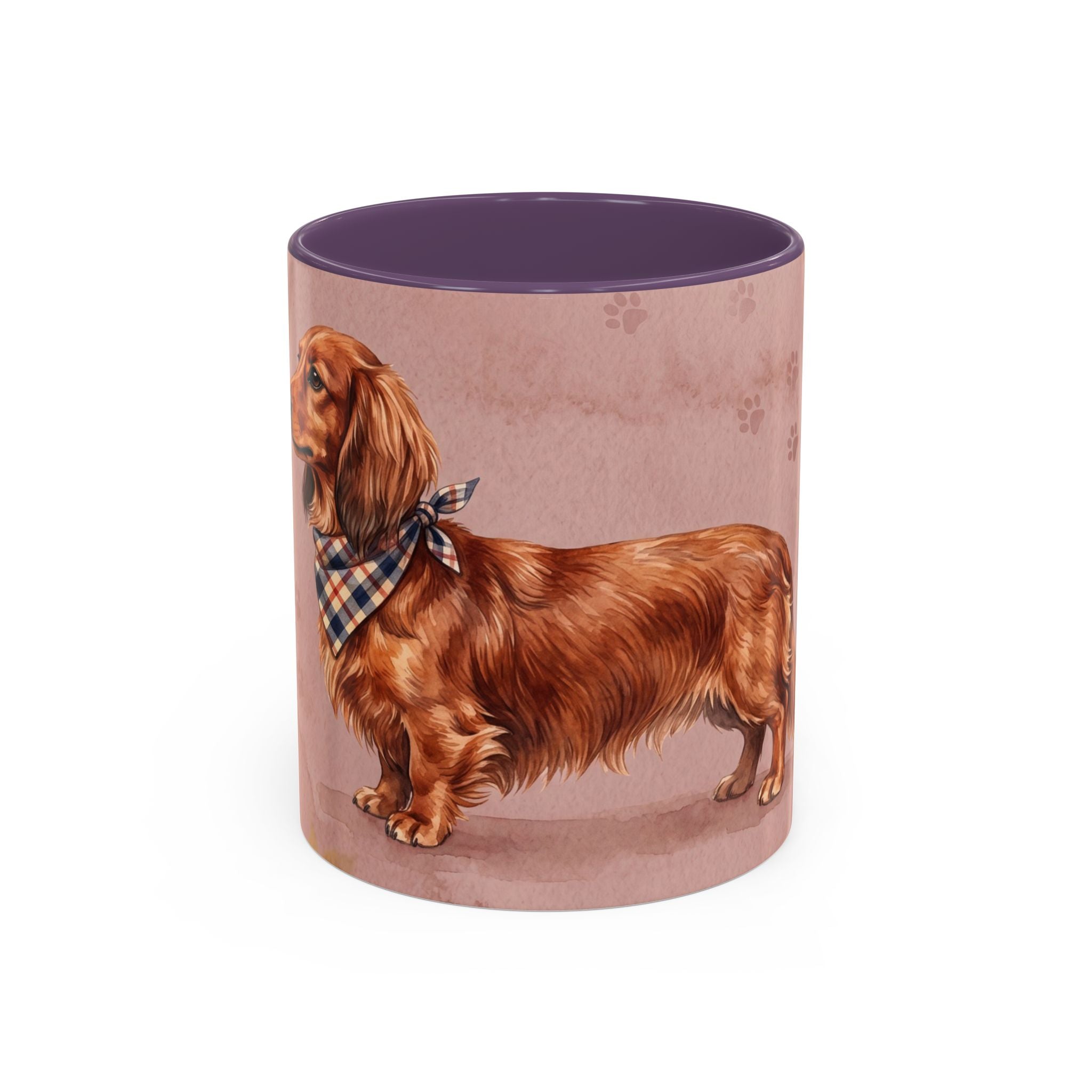 Dachshund Lover Mug | Long-Haired Wiener Dog with Plaid Bandana, Dusty Rose Watercolor Dog Gift