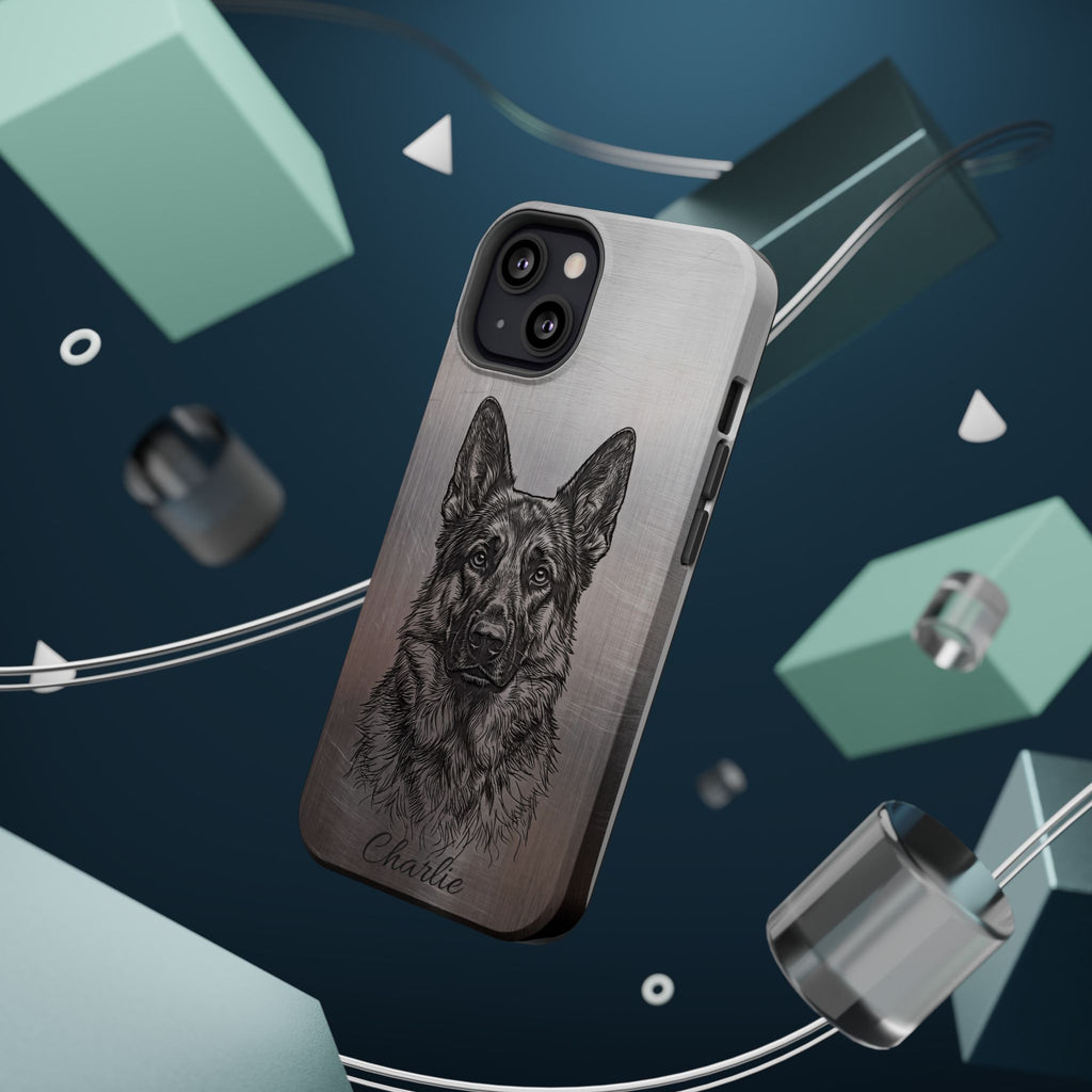 German Shepherd Phone Case | Personalized Etched Silver Art — Tough Magnetic Case with Wireless Charging
