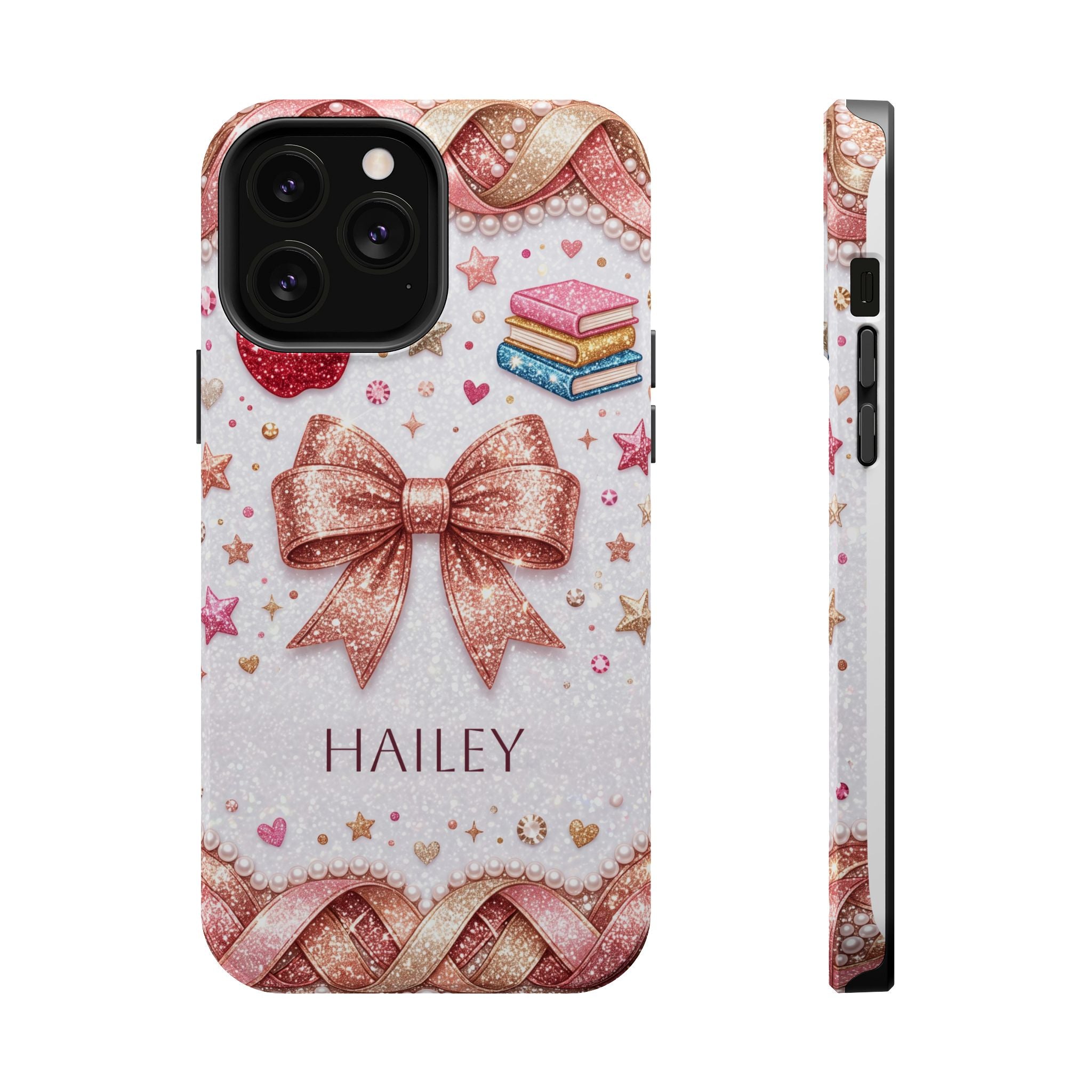 Rose Gold Glitter Bow Personalized Teacher Phone Case — Wireless Charging Cover