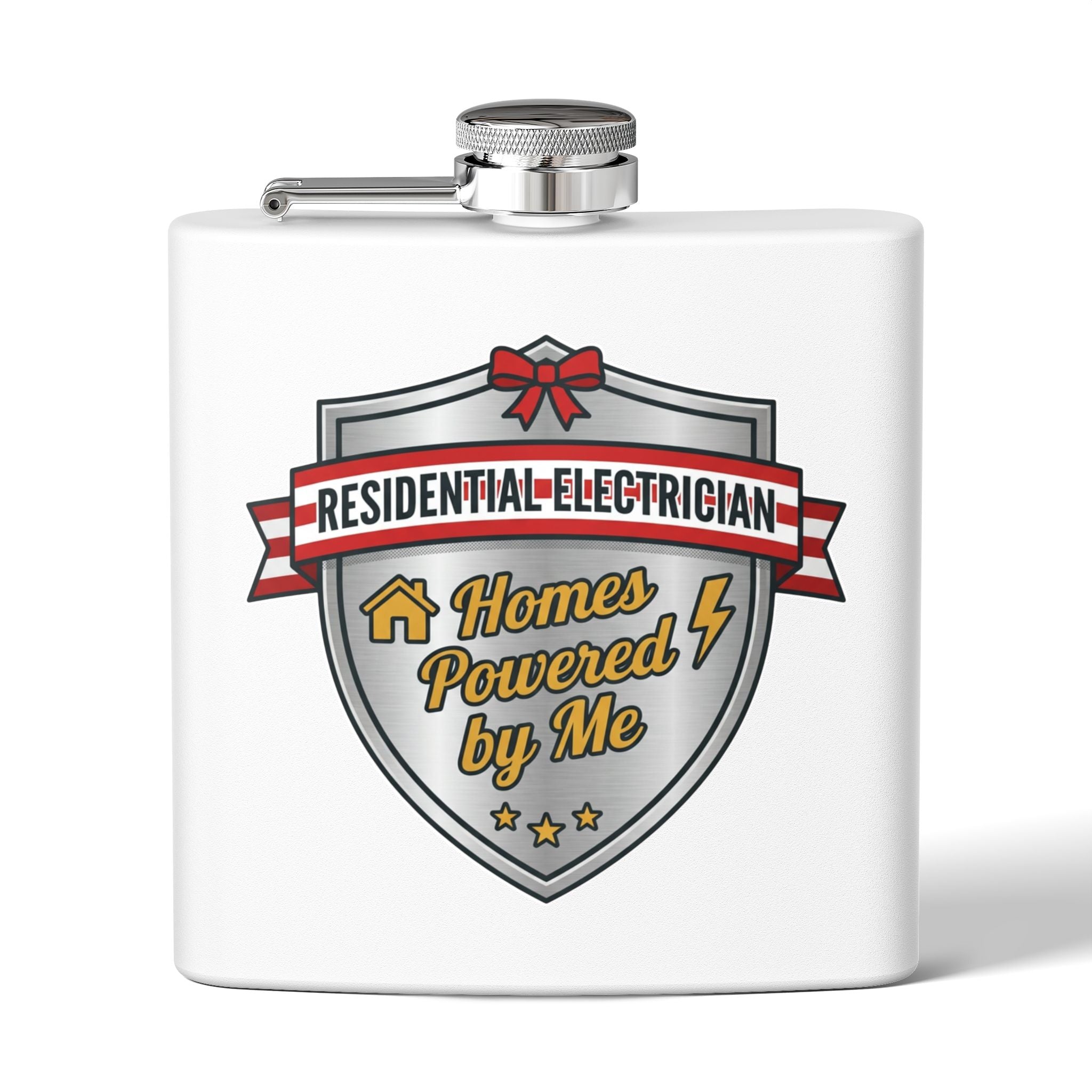Flask — "Residential Electrician: Homes Powered by Me" (Shield Badge) 6oz Stainless Steel Hip Flask