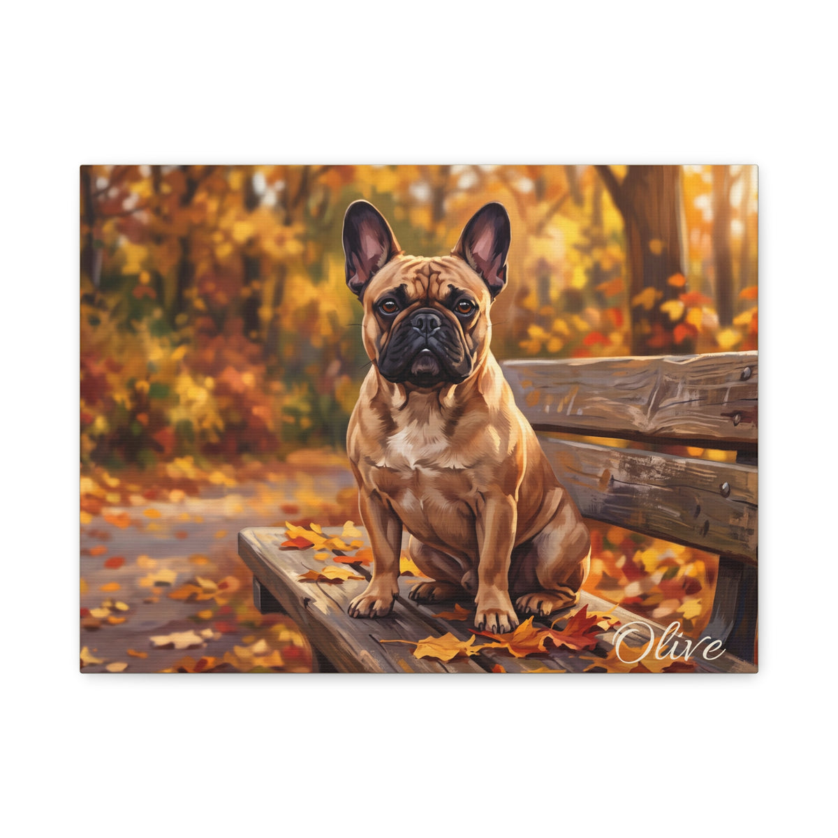 French Bulldog Personalized Canvas | Autumn Park Bench Fall Wall Art