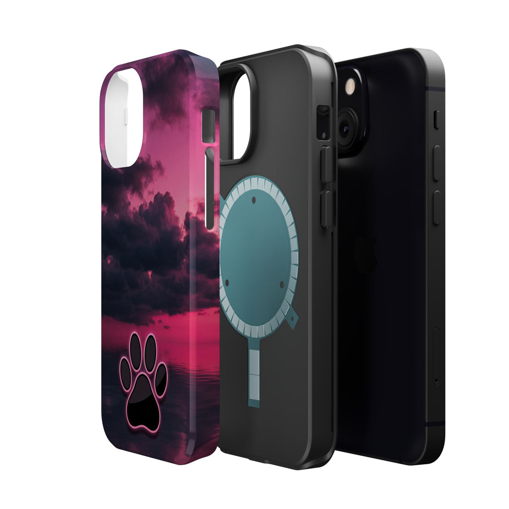 iPhone & Samsung Magnetic Impact-Resistant Phone Case — Pink Twilight Cloud with Paw Print