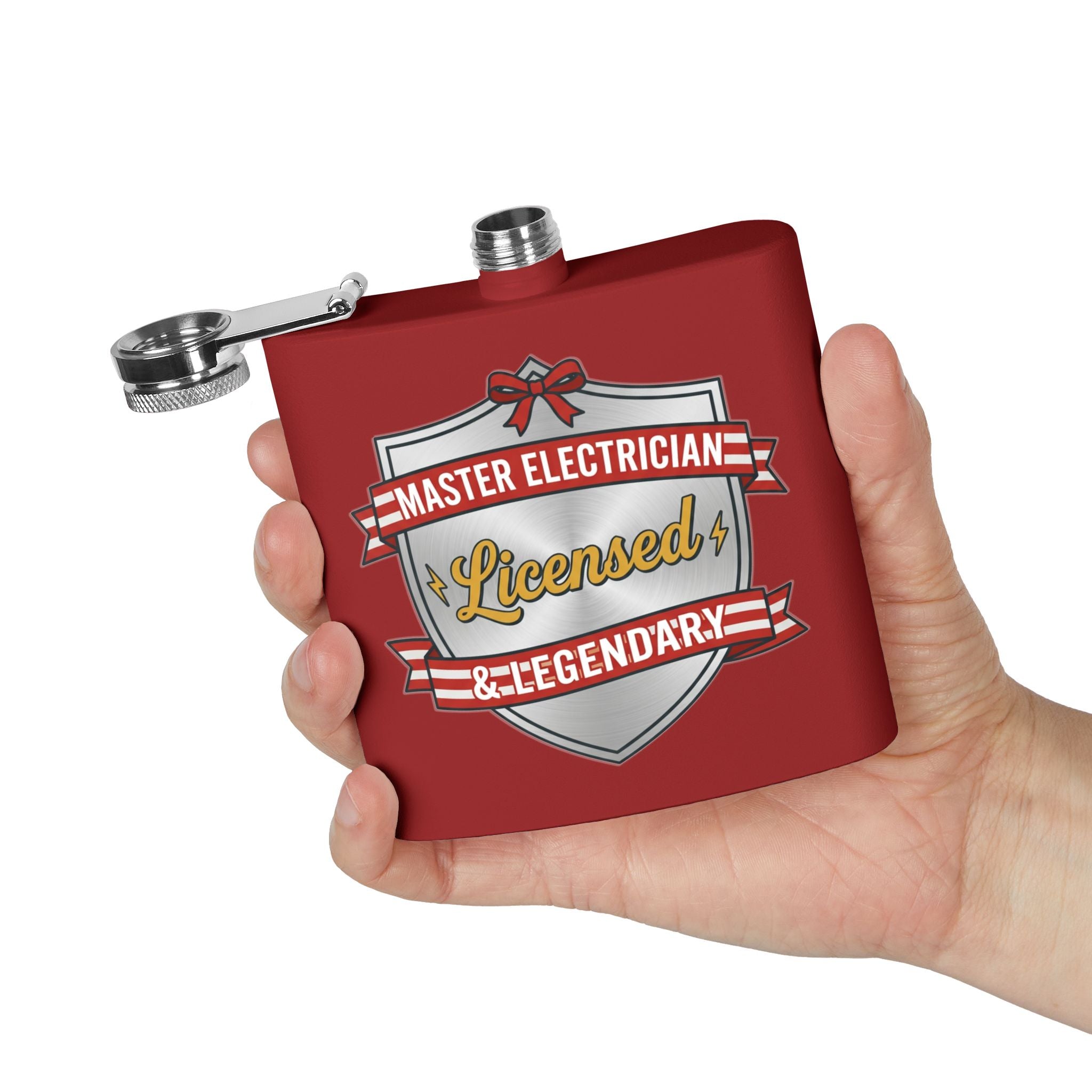 Flask — "Master Electrician: Licensed & Legendary" (Shield Badge) 6oz Stainless Steel Hip Flask