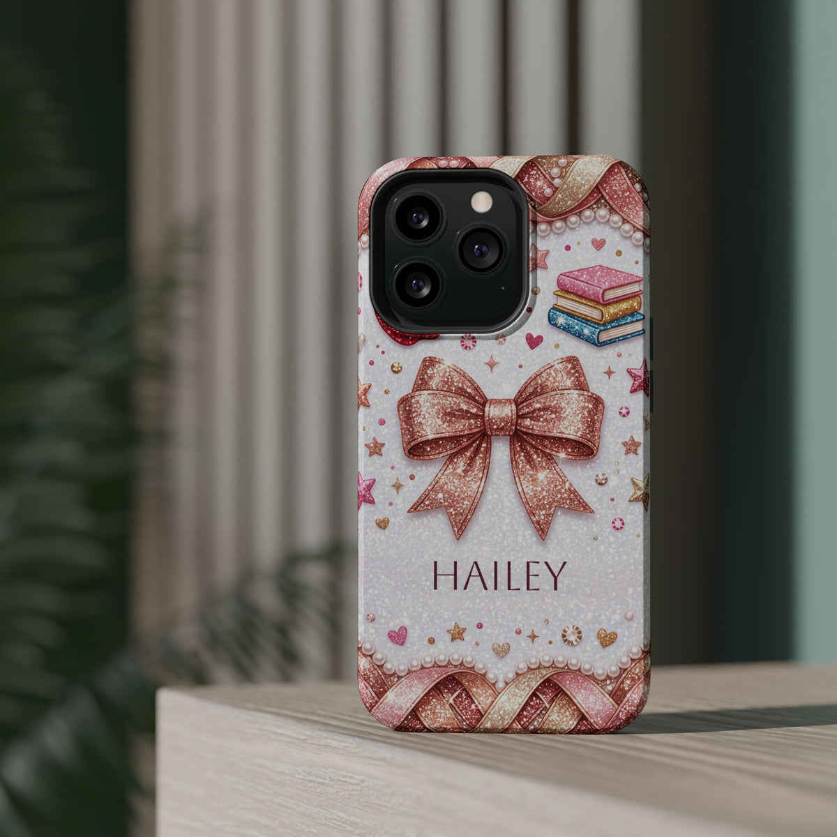 Rose Gold Glitter Bow Personalized Teacher Phone Case — Wireless Charging Cover