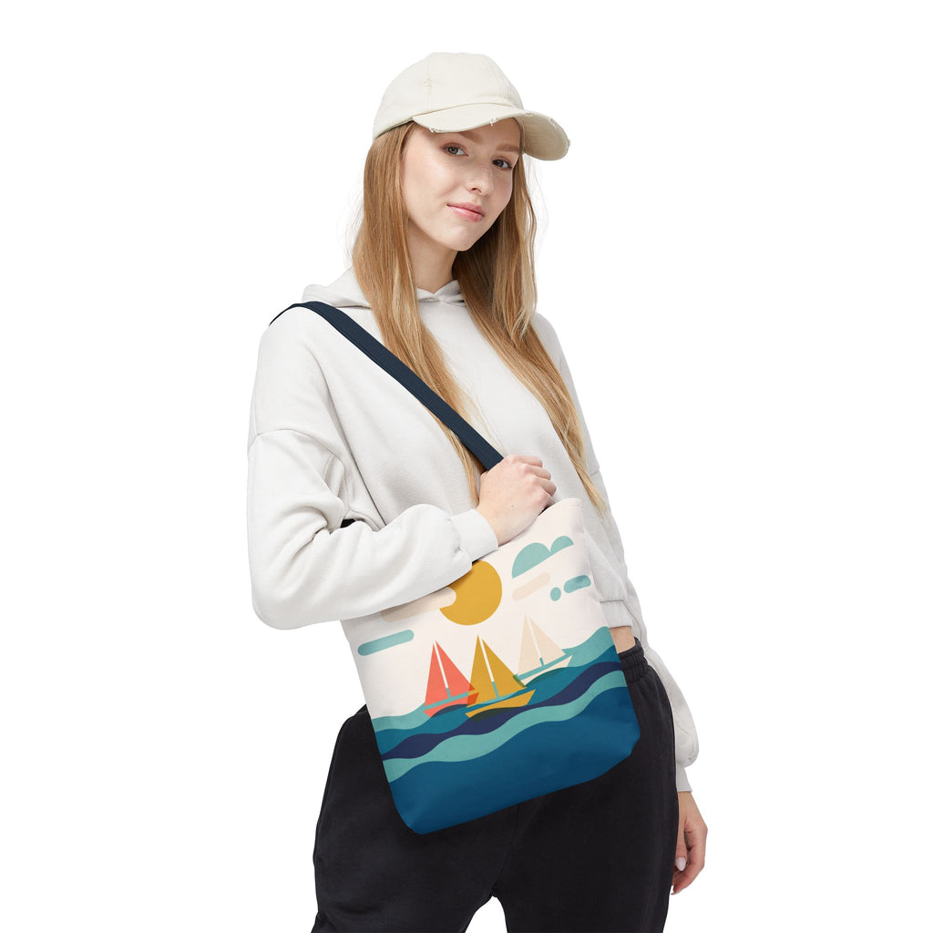 Minimalist Sailboat Tote Bag – Mid-Century Modern Ocean Waves Beach Bag