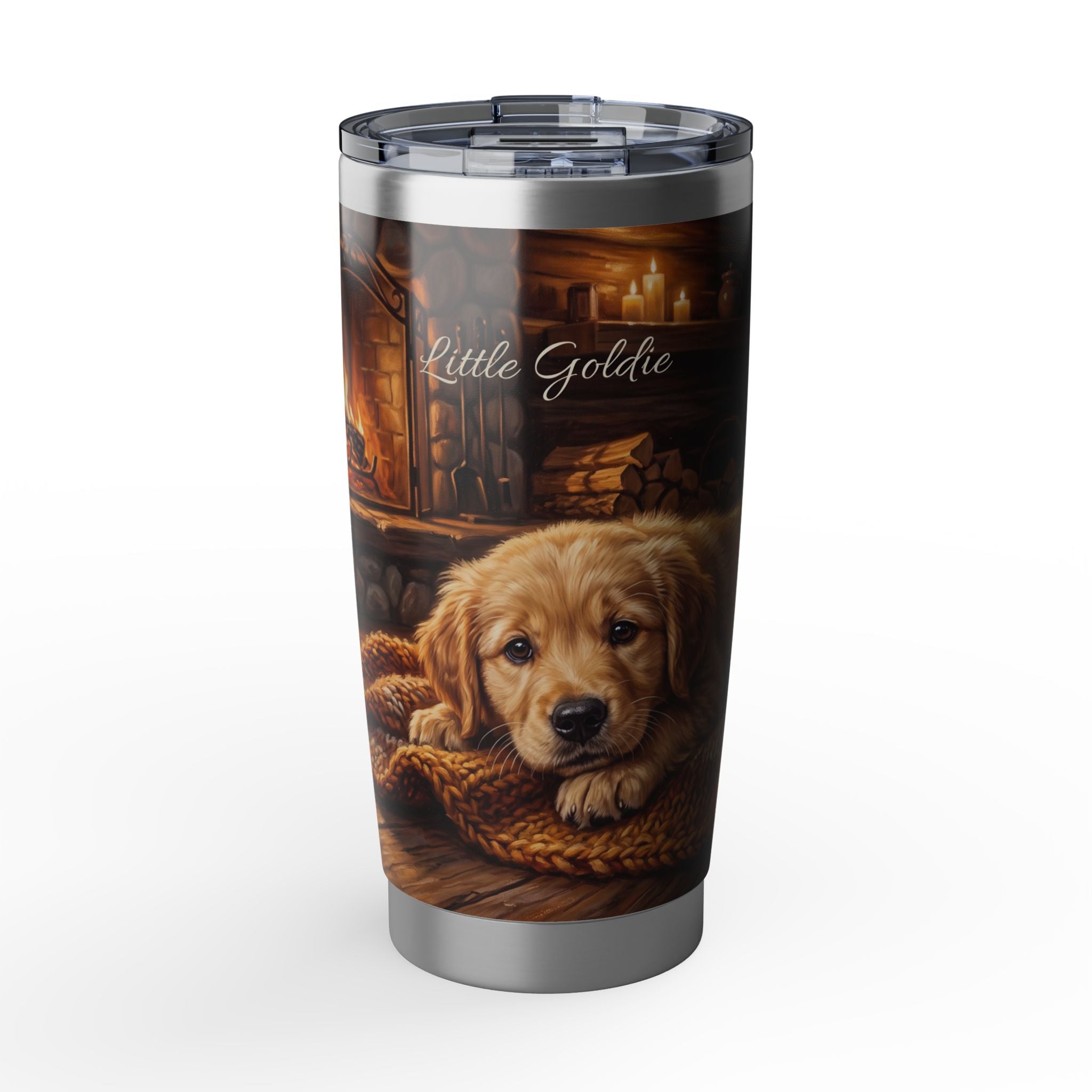 Golden Retriever Puppy Tumbler Personalized – 20 oz Stainless Steel Travel Mug with Custom Name, Cozy Cabin Design