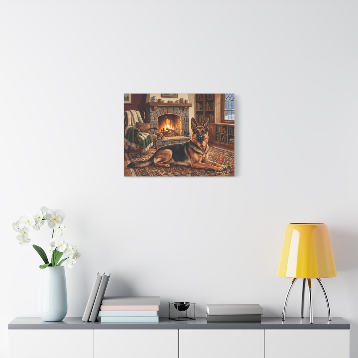 German Shepherd Personalized Canvas | Cozy Fireside Cabin Wall Art