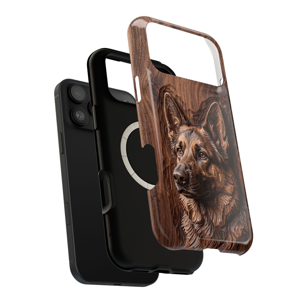 German Shepherd Phone Case | Carved Walnut Art — Tough Magnetic Case with Wireless Charging
