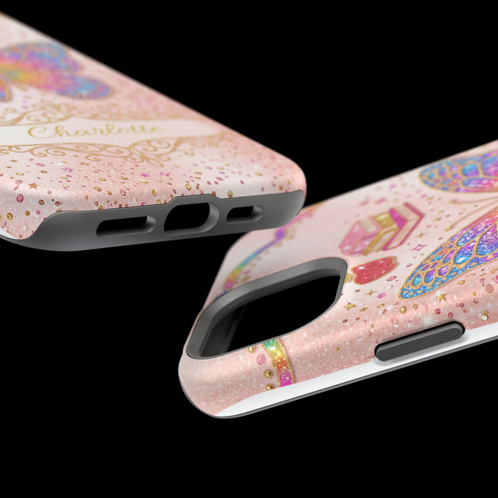 Blush Glitter Butterfly Personalized Teacher Phone Case — Wireless Charging Cover