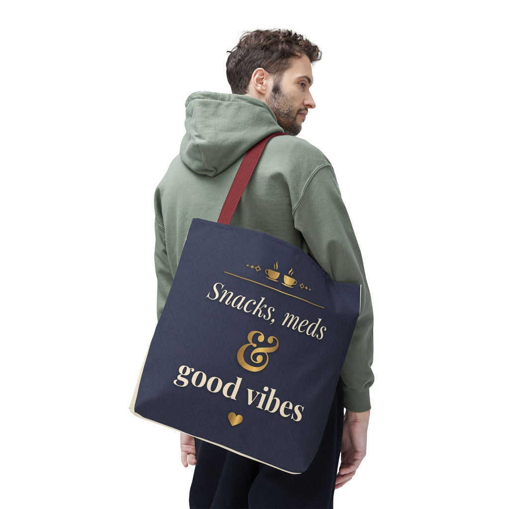 Snacks Meds & Good Vibes Tote | Funny Nurse Gift Tote Bag | Healthcare Worker Humour Gift | Premium Polyester Carry-All