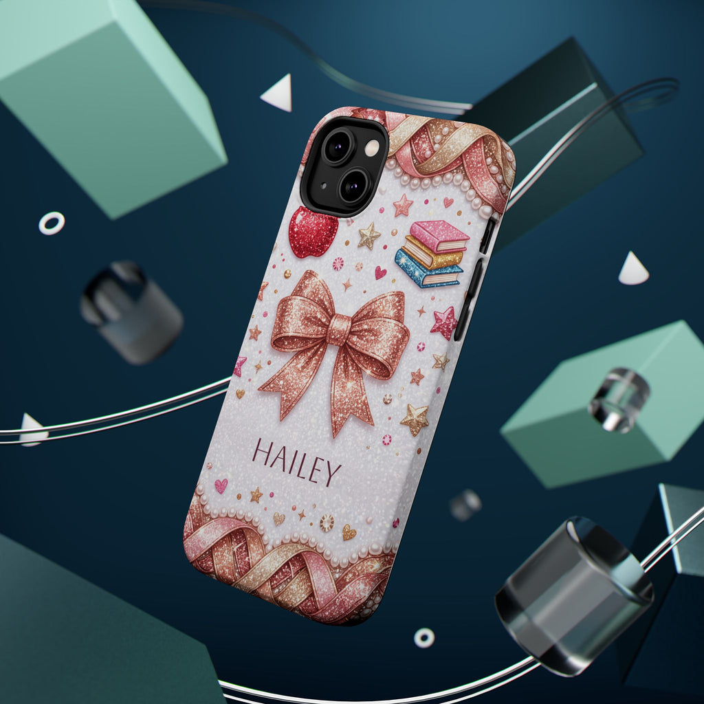 Rose Gold Glitter Bow Personalized Teacher Phone Case — Wireless Charging Cover