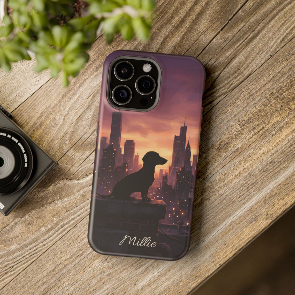 Personalized Dachshund City Skyline Phone Case — Wireless Charging Cover