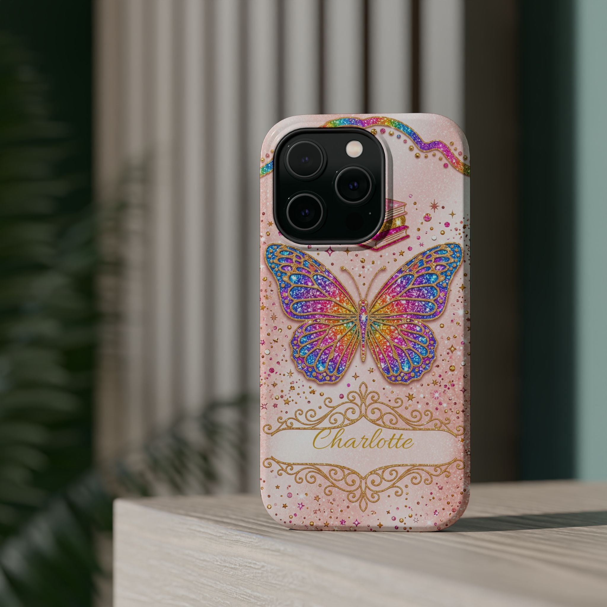 Blush Glitter Butterfly Personalized Teacher Phone Case — Wireless Charging Cover