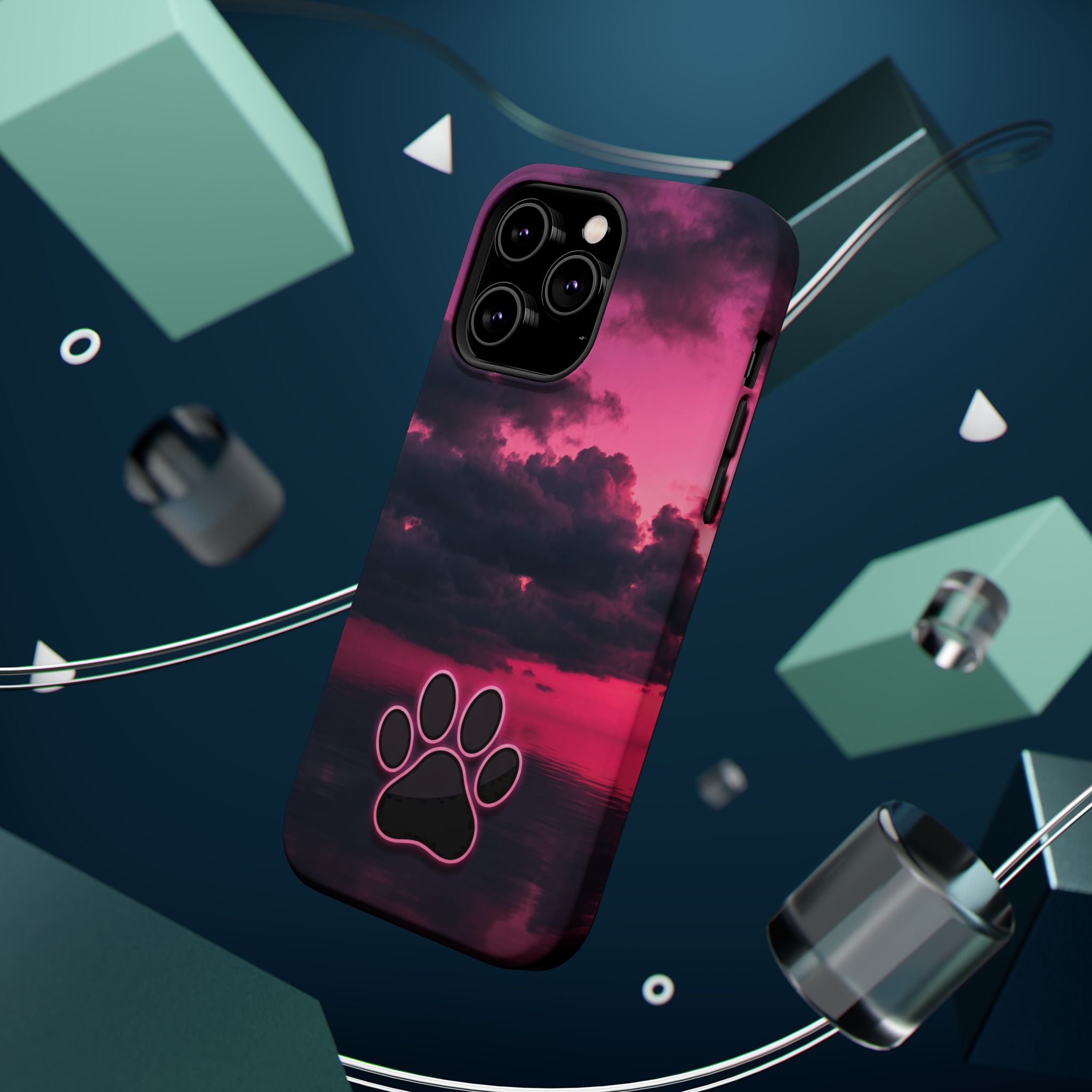 iPhone & Samsung Magnetic Impact-Resistant Phone Case — Pink Twilight Cloud with Paw Print