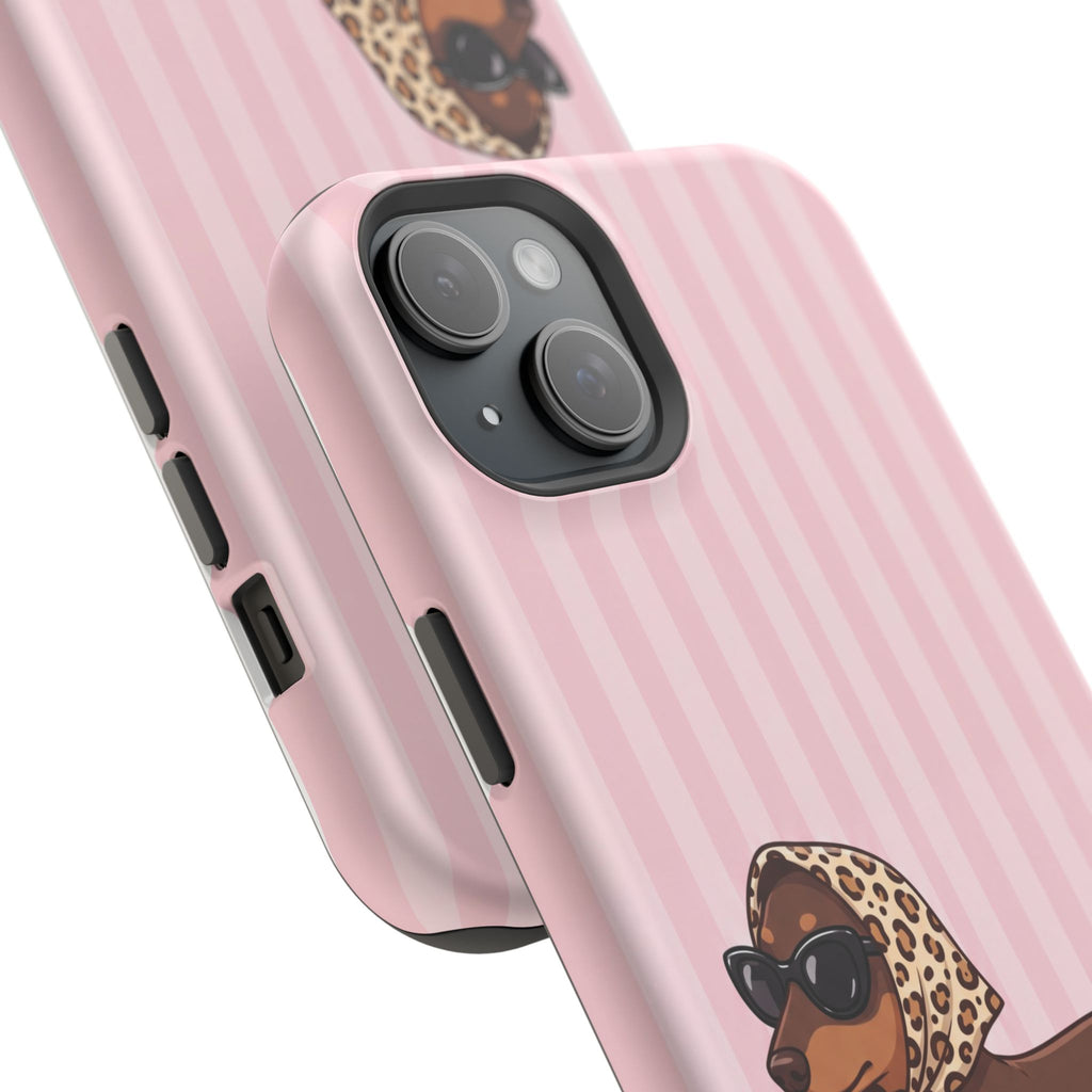 Glam Dachshund Phone Case | Cute Sausage Dog in Leopard Scarf & Sunglasses | Pink Stripe Case for iPhone & Samsung