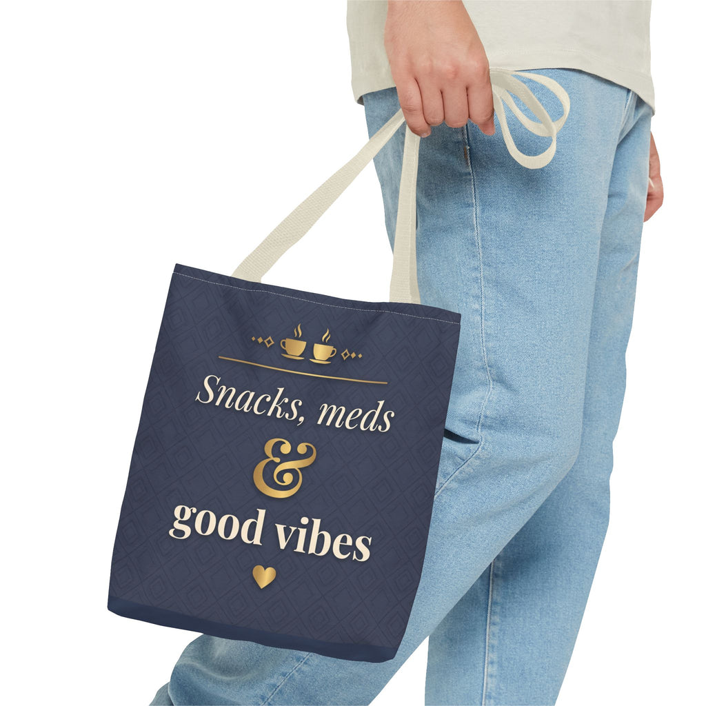 Snacks Meds & Good Vibes Tote | Funny Nurse Gift Tote Bag | Healthcare Worker Humour Gift | Premium Polyester Carry-All