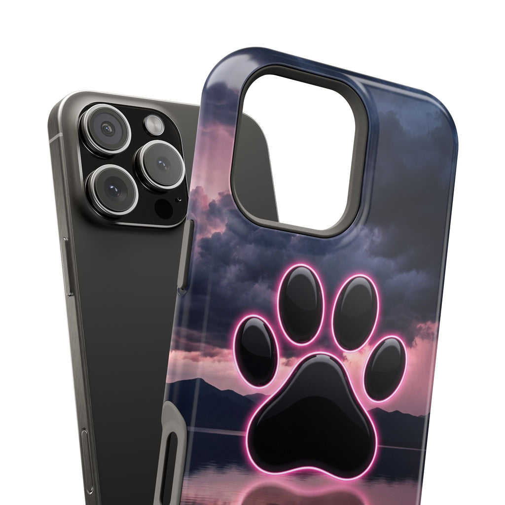 Neon Paw Print Phone Case — Impact-Resistant Wireless Charging Cover