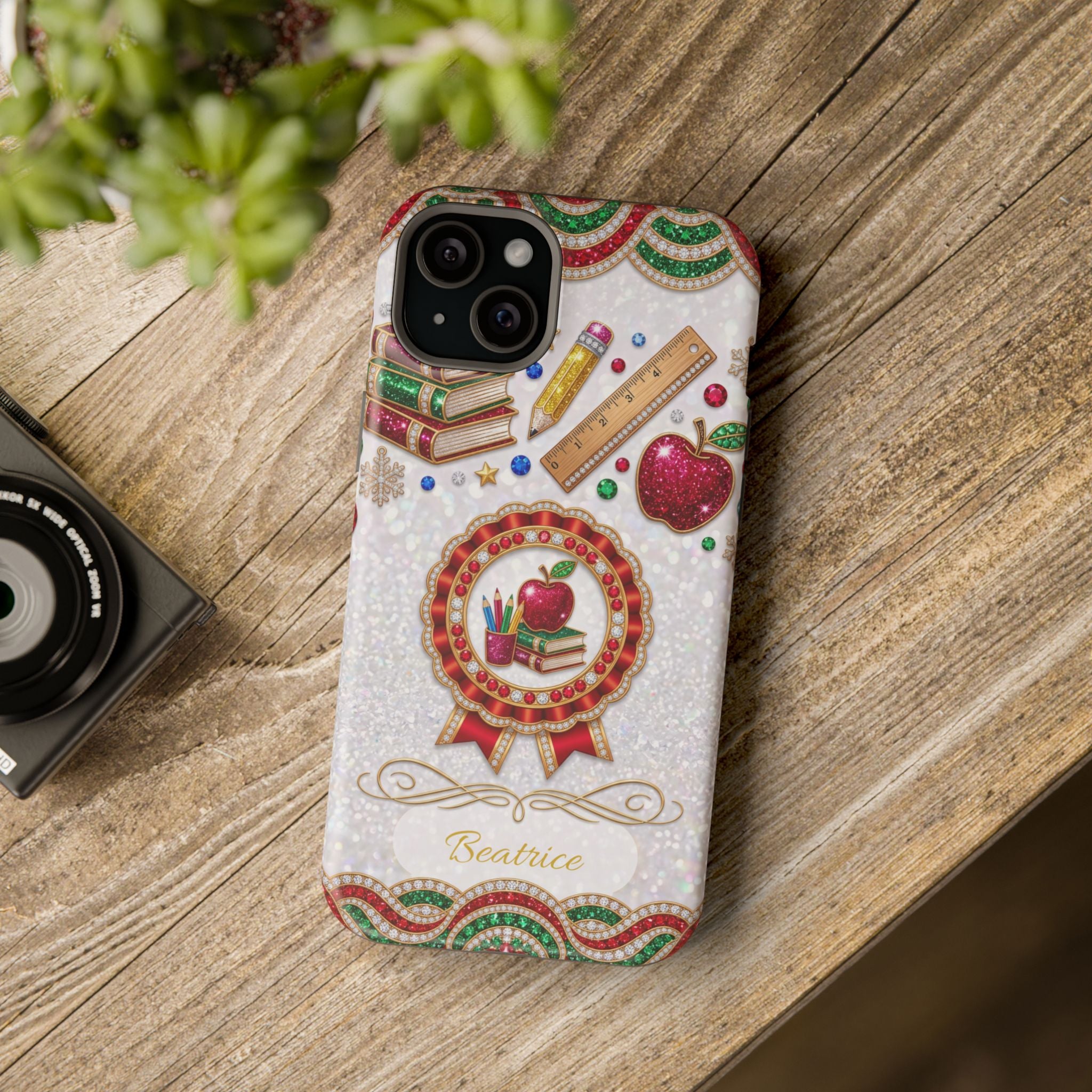 Jeweled Apple Medallion Personalized Teacher Phone Case — Wireless Charging Cover