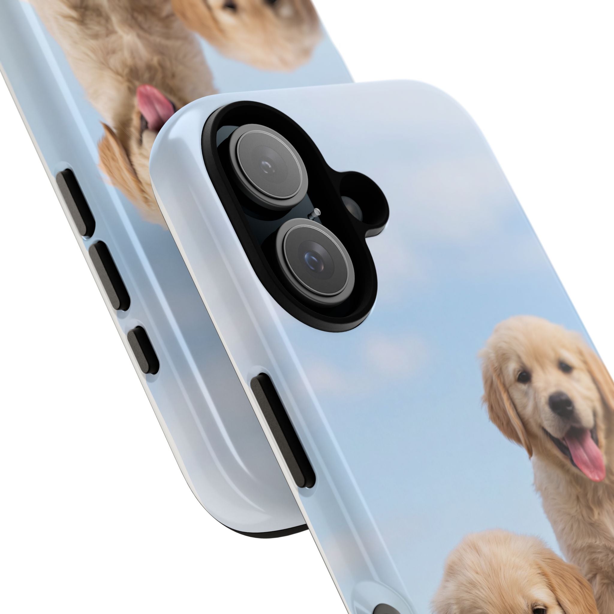 Golden Retriever Puppies on Barrel Phone Case | Cute Duo Under Blue Sky | iPhone & Samsung