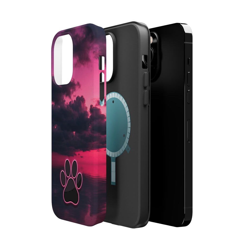 iPhone & Samsung Magnetic Impact-Resistant Phone Case — Pink Twilight Cloud with Paw Print