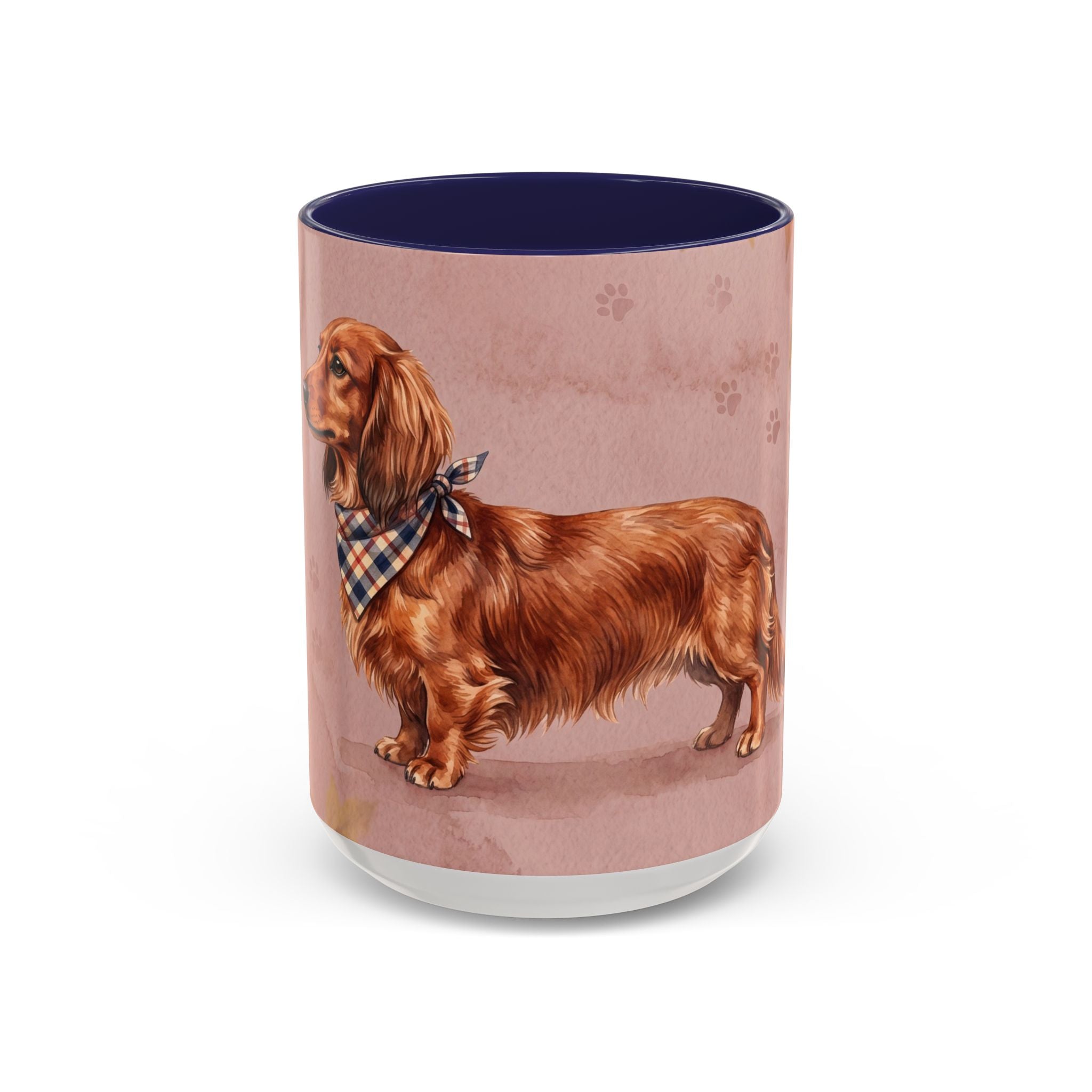 Dachshund Lover Mug | Long-Haired Wiener Dog with Plaid Bandana, Dusty Rose Watercolor Dog Gift
