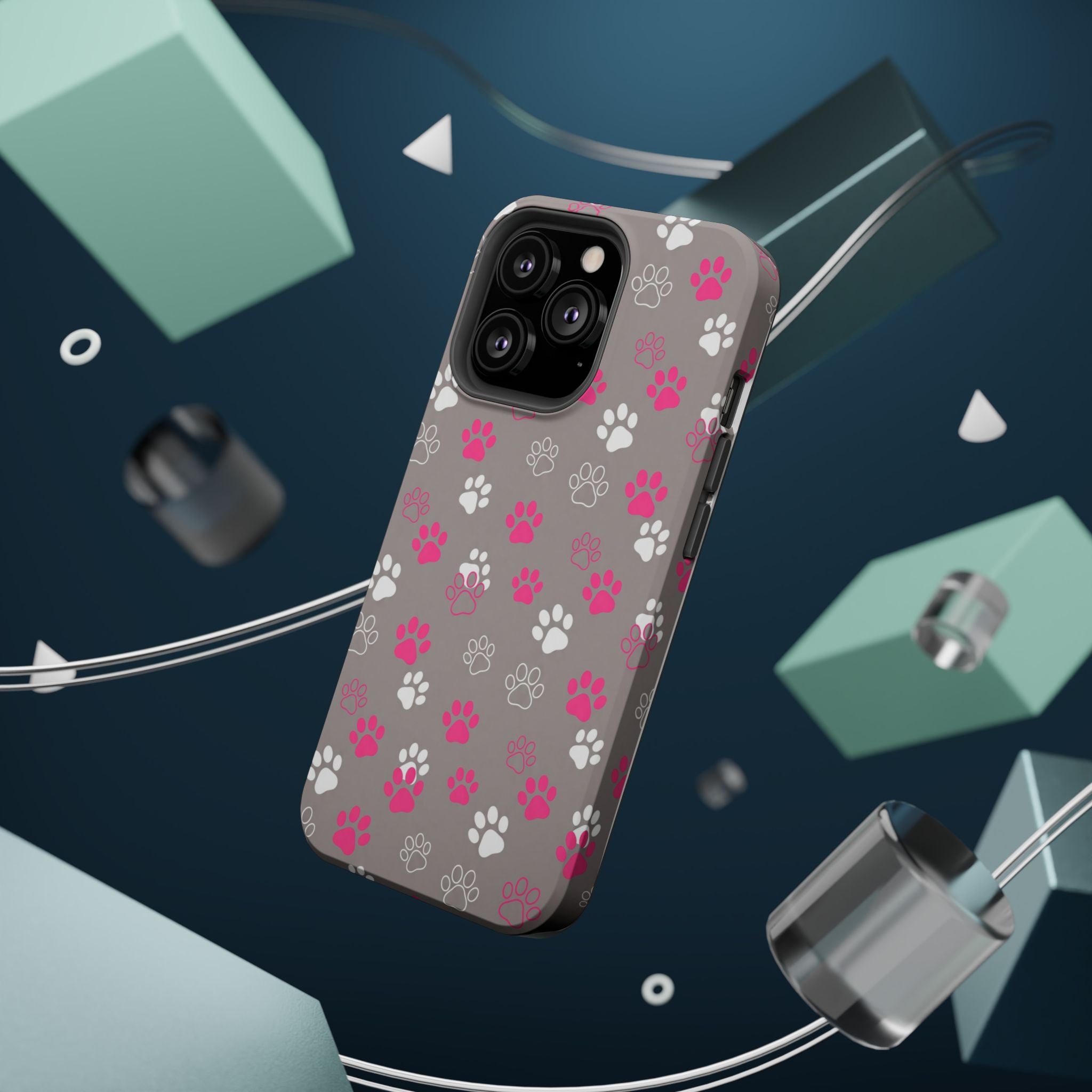 Pink & White Paw Print Phone Case — Impact-Resistant Wireless Charging Cover
