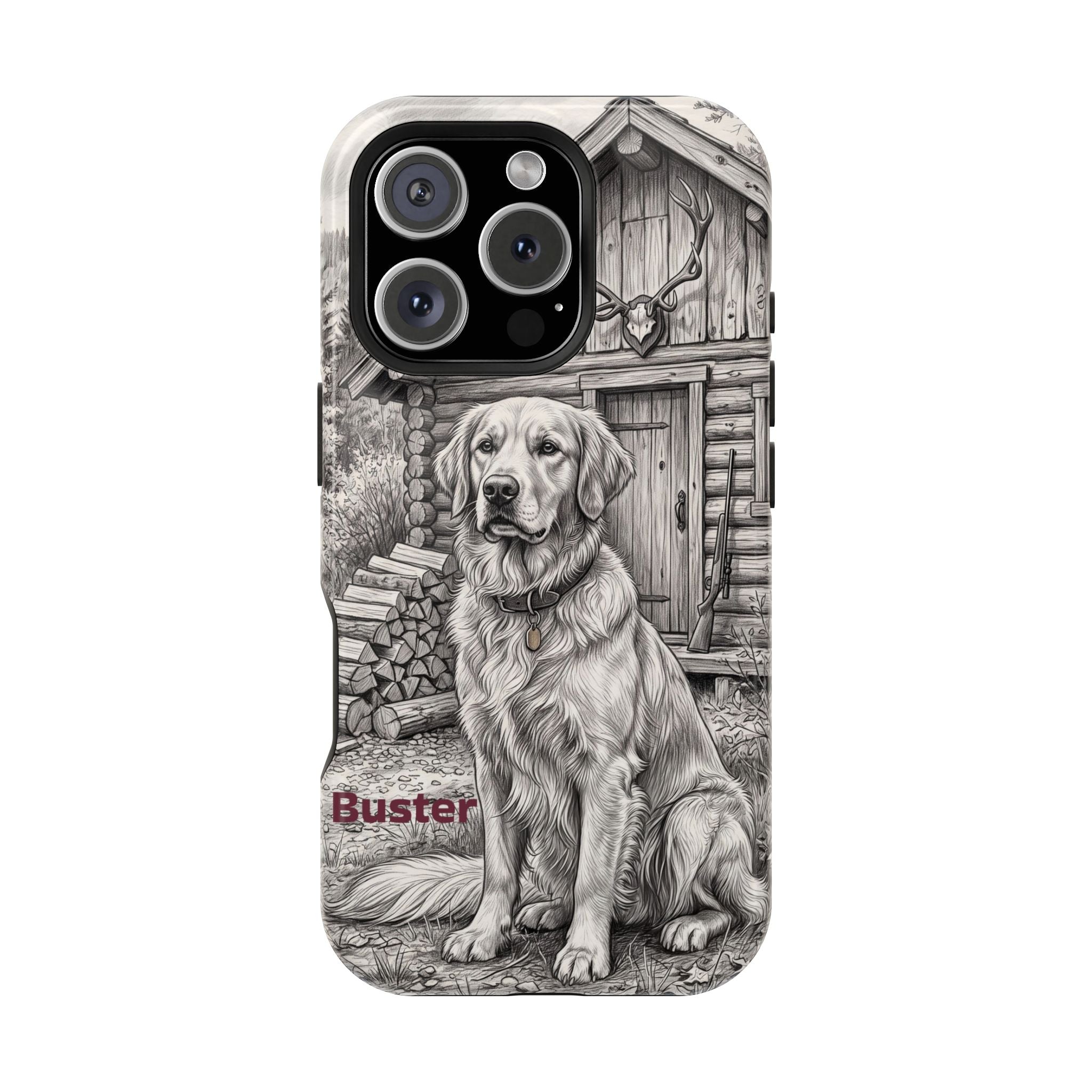 Personalized Golden Retriever Cabin Porch Phone Case — Wireless Charging Cover