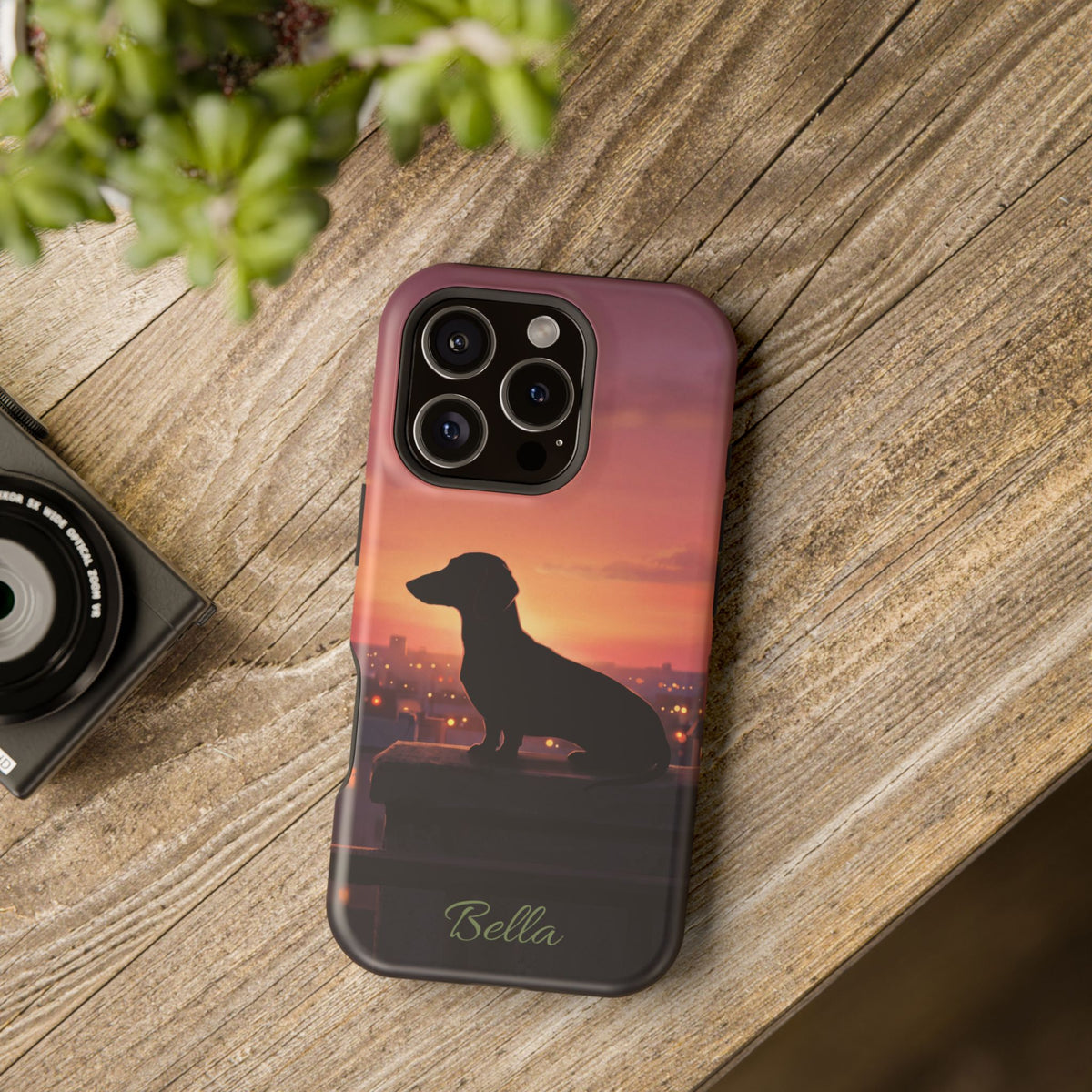 Personalized Dachshund Rooftop Sunset Phone Case — Wireless Charging Cover