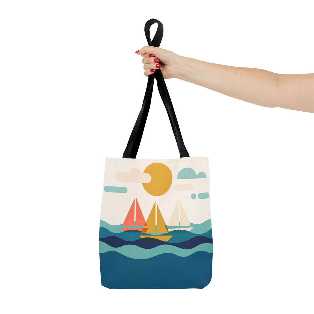 Minimalist Sailboat Tote Bag – Mid-Century Modern Ocean Waves Beach Bag