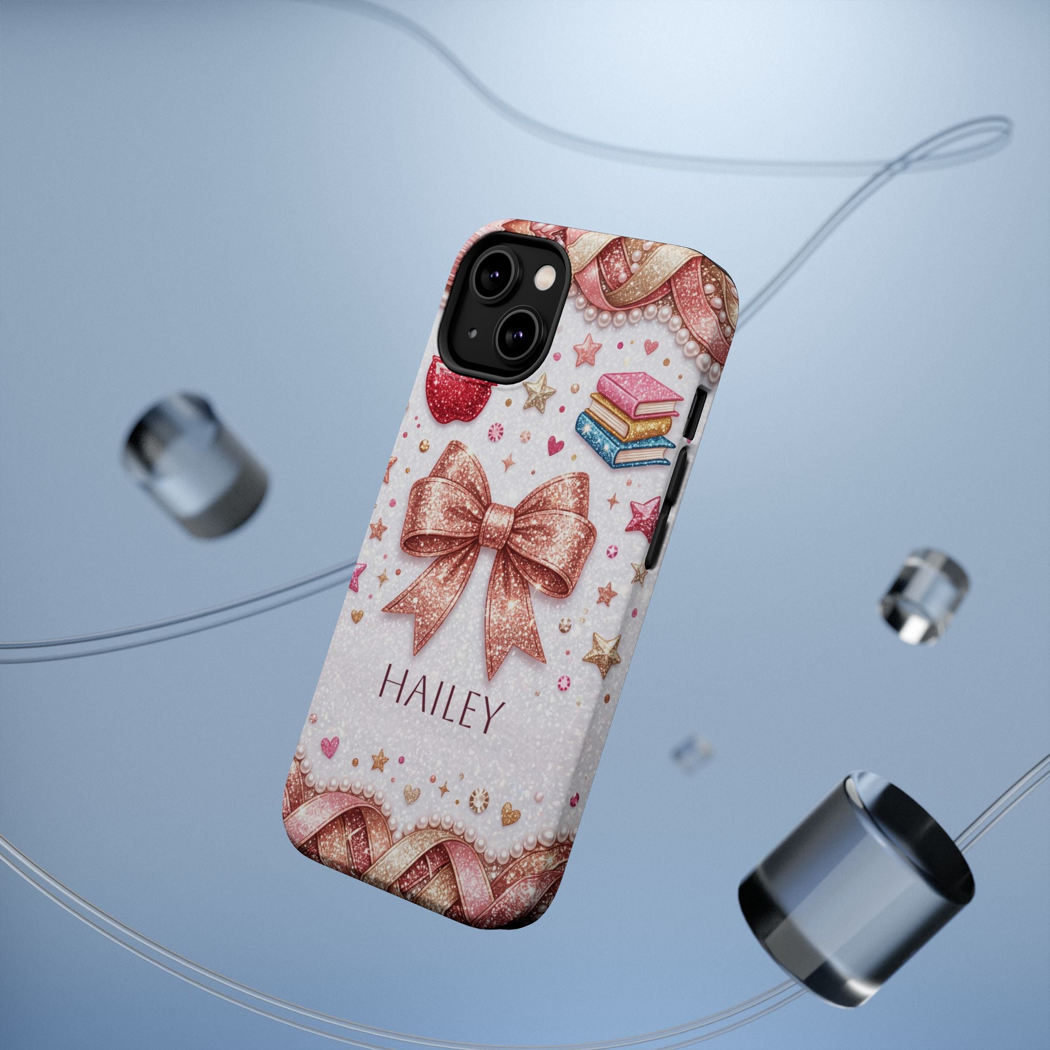 Rose Gold Glitter Bow Personalized Teacher Phone Case — Wireless Charging Cover
