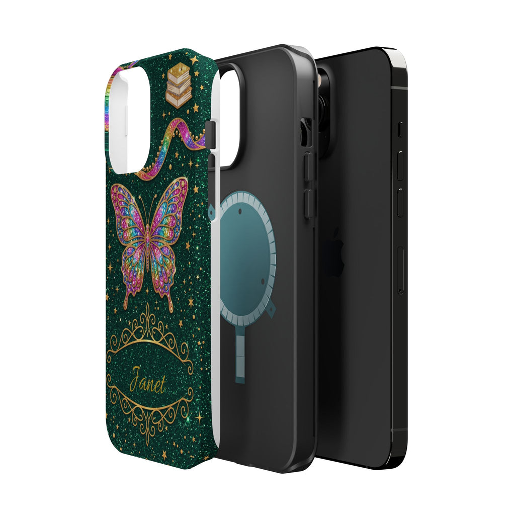 Rainbow Glitter Butterfly Personalized Teacher Phone Case — Wireless Charging Cover