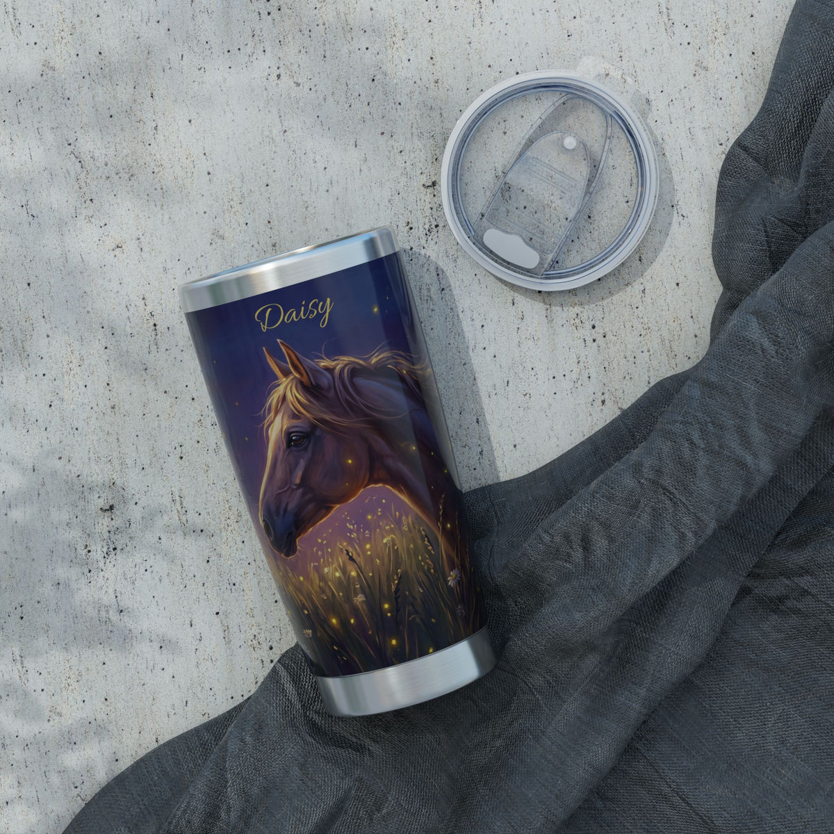 Horse Personalized Tumbler | Twilight Firefly Meadow Art — 20 oz Stainless Travel Mug