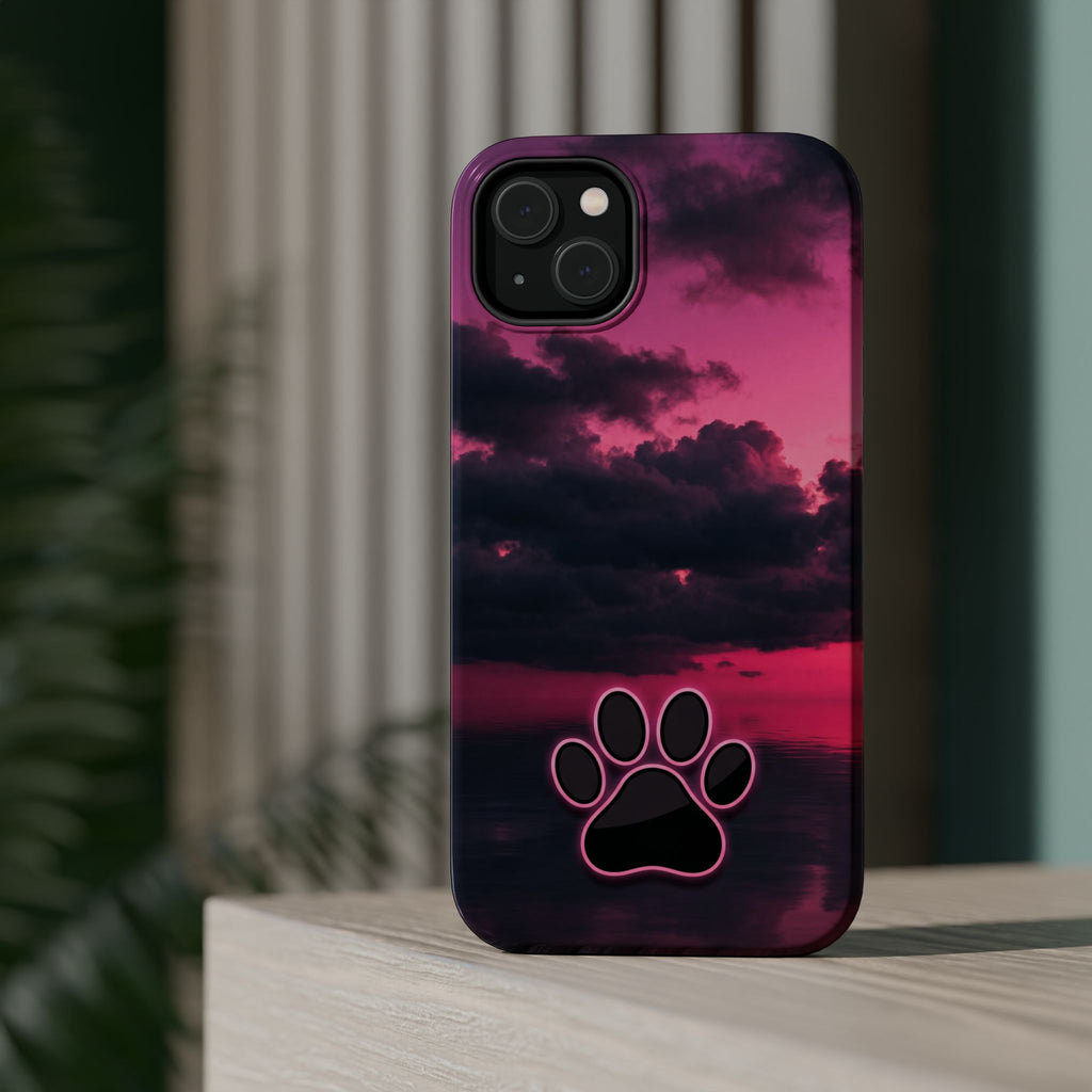 iPhone & Samsung Magnetic Impact-Resistant Phone Case — Pink Twilight Cloud with Paw Print