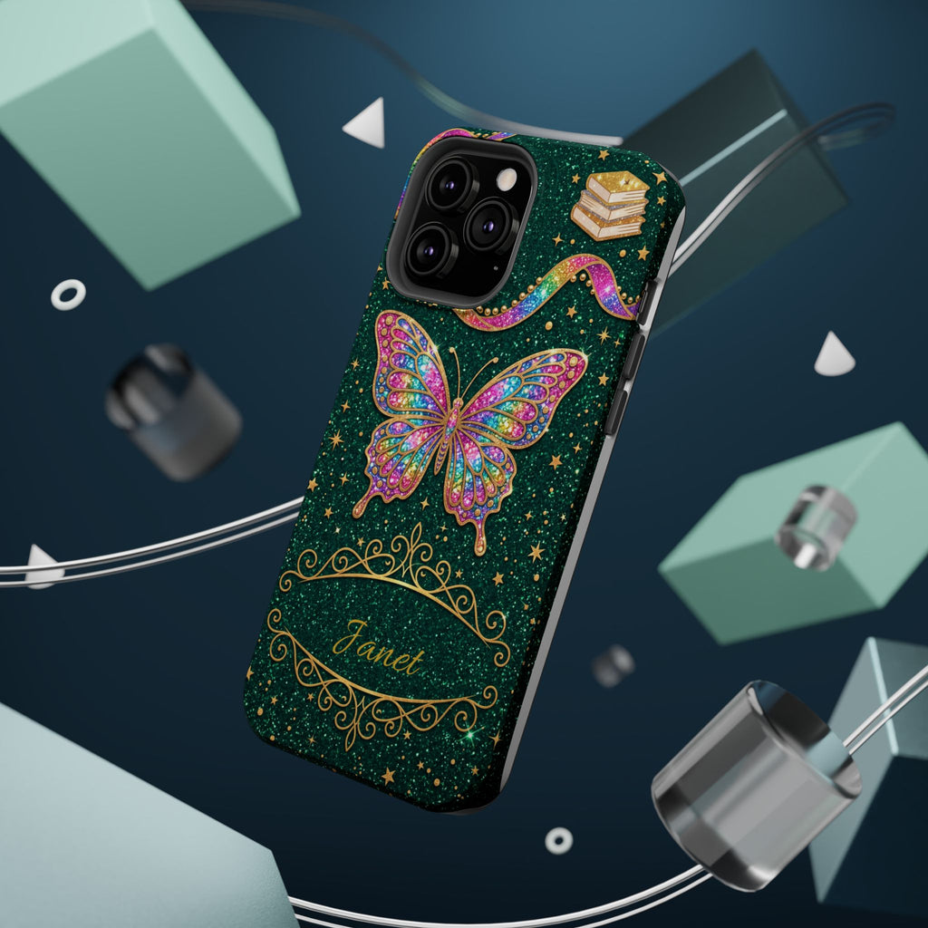 Rainbow Glitter Butterfly Personalized Teacher Phone Case — Wireless Charging Cover