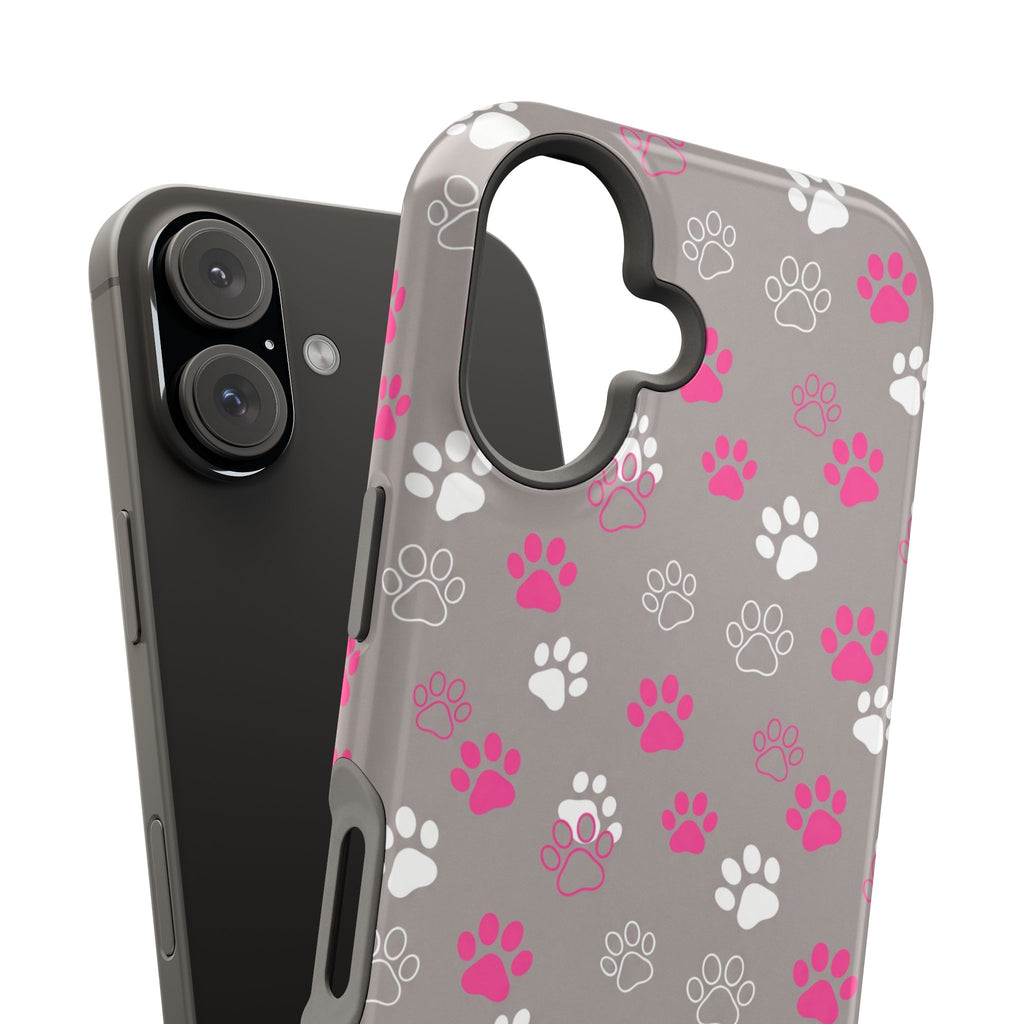 Pink & White Paw Print Phone Case — Impact-Resistant Wireless Charging Cover