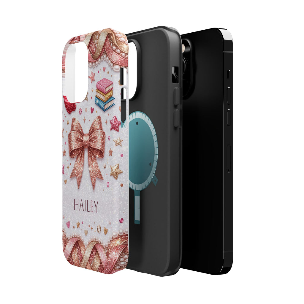 Rose Gold Glitter Bow Personalized Teacher Phone Case — Wireless Charging Cover