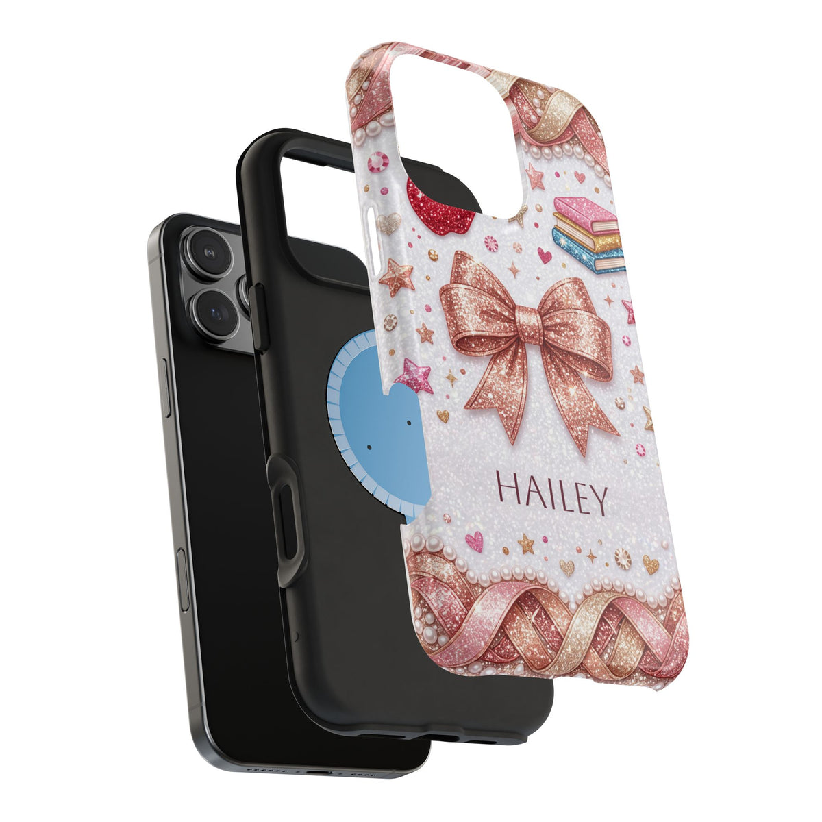 Rose Gold Glitter Bow Personalized Teacher Phone Case — Wireless Charging Cover