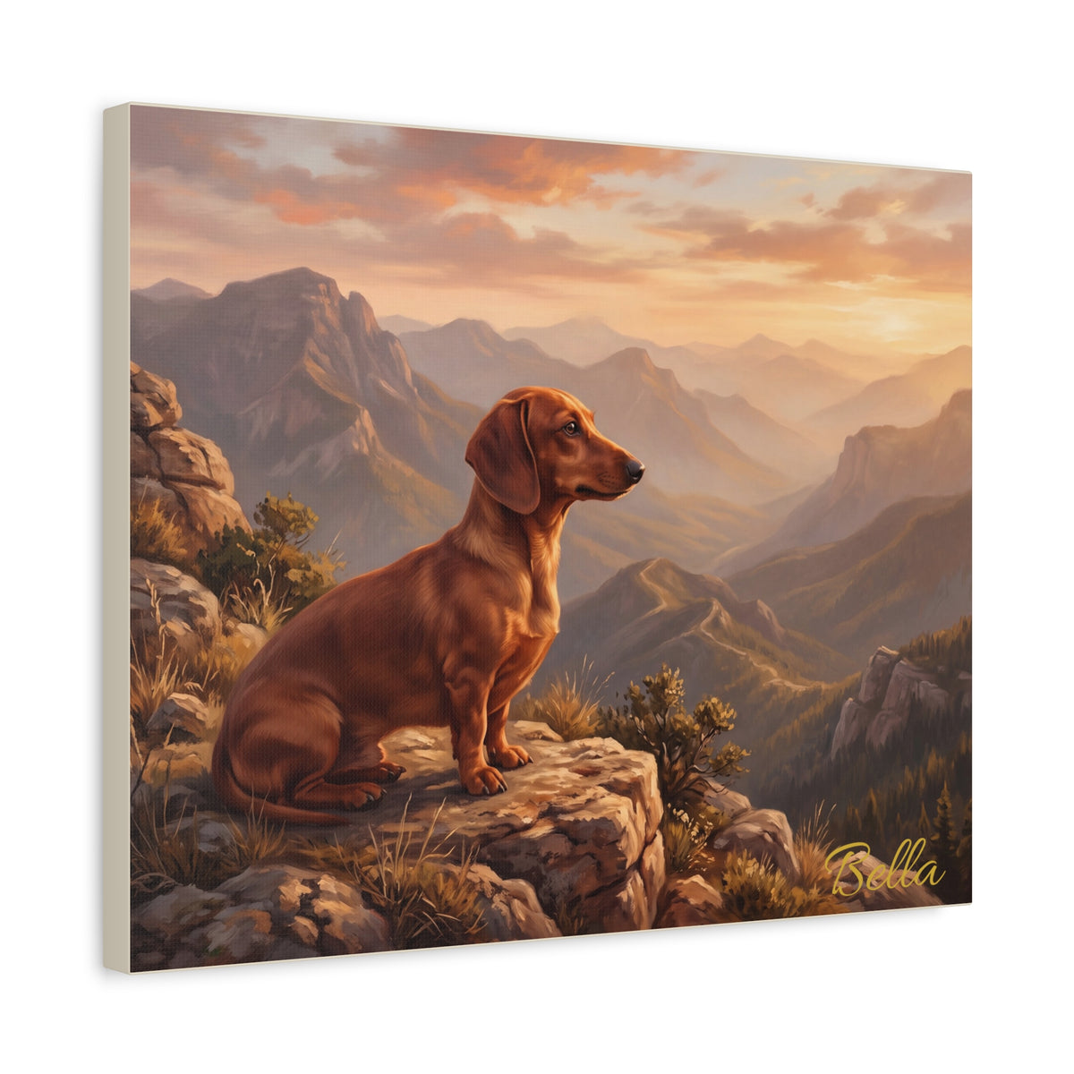 Personalized Dachshund Canvas — Mountain Sunset Scene