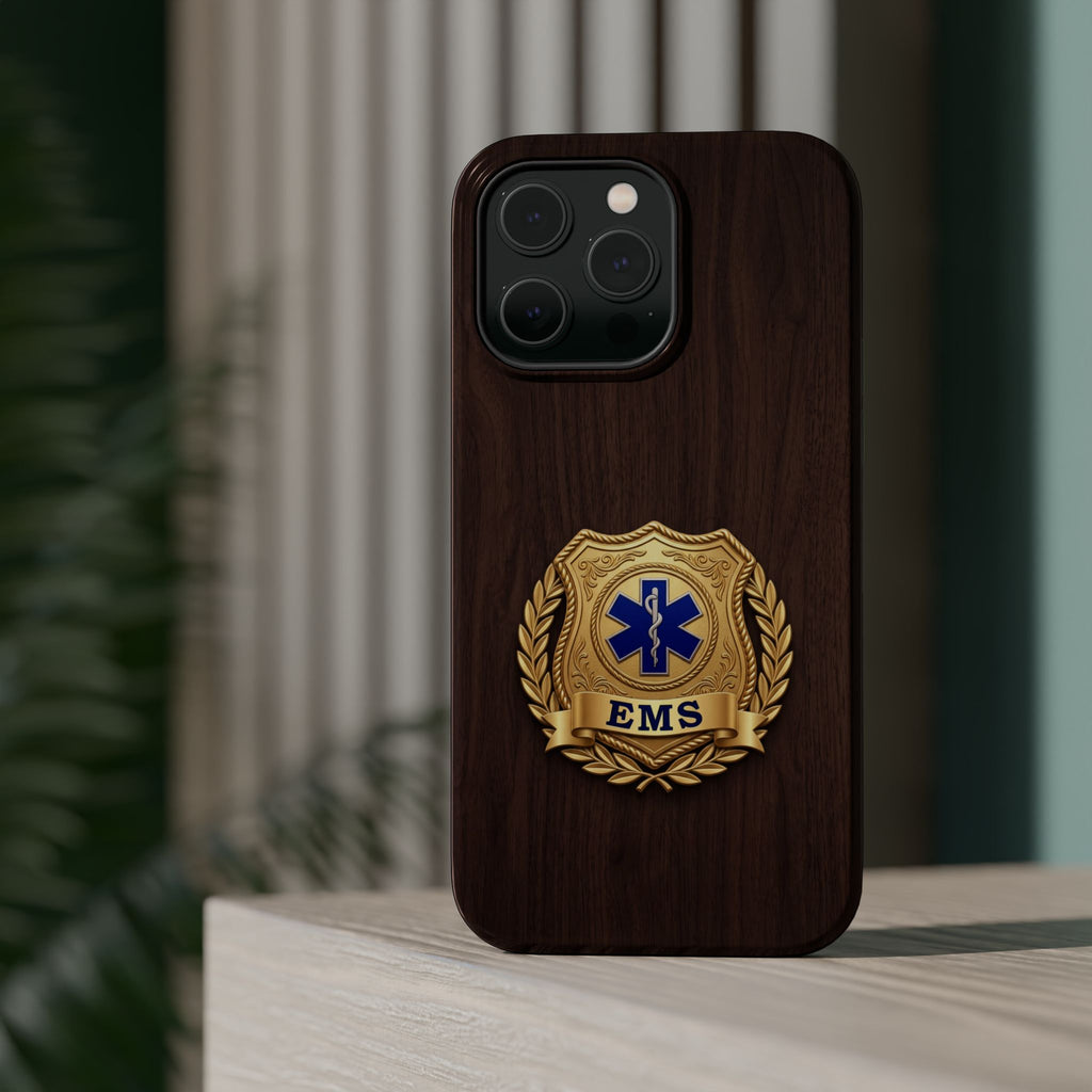Gold EMS Laurel Badge Wood Phone Case — Magnetic Wireless Charging Cover