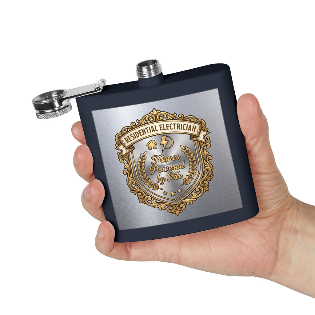 Flask — "Residential Electrician: Homes Powered by Me" (Crest Edition) 6oz Stainless Steel Hip Flask