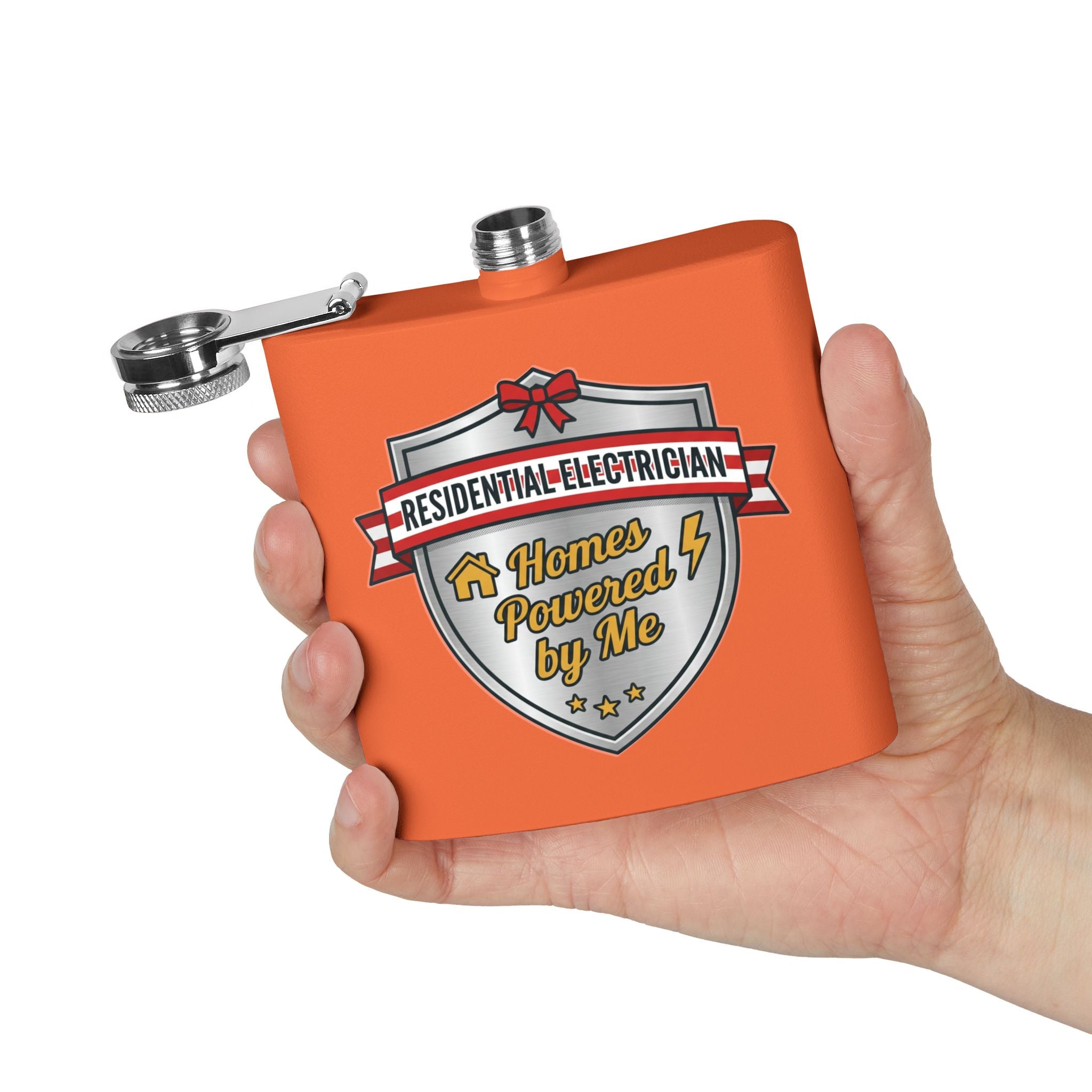 Flask — "Residential Electrician: Homes Powered by Me" (Shield Badge) 6oz Stainless Steel Hip Flask