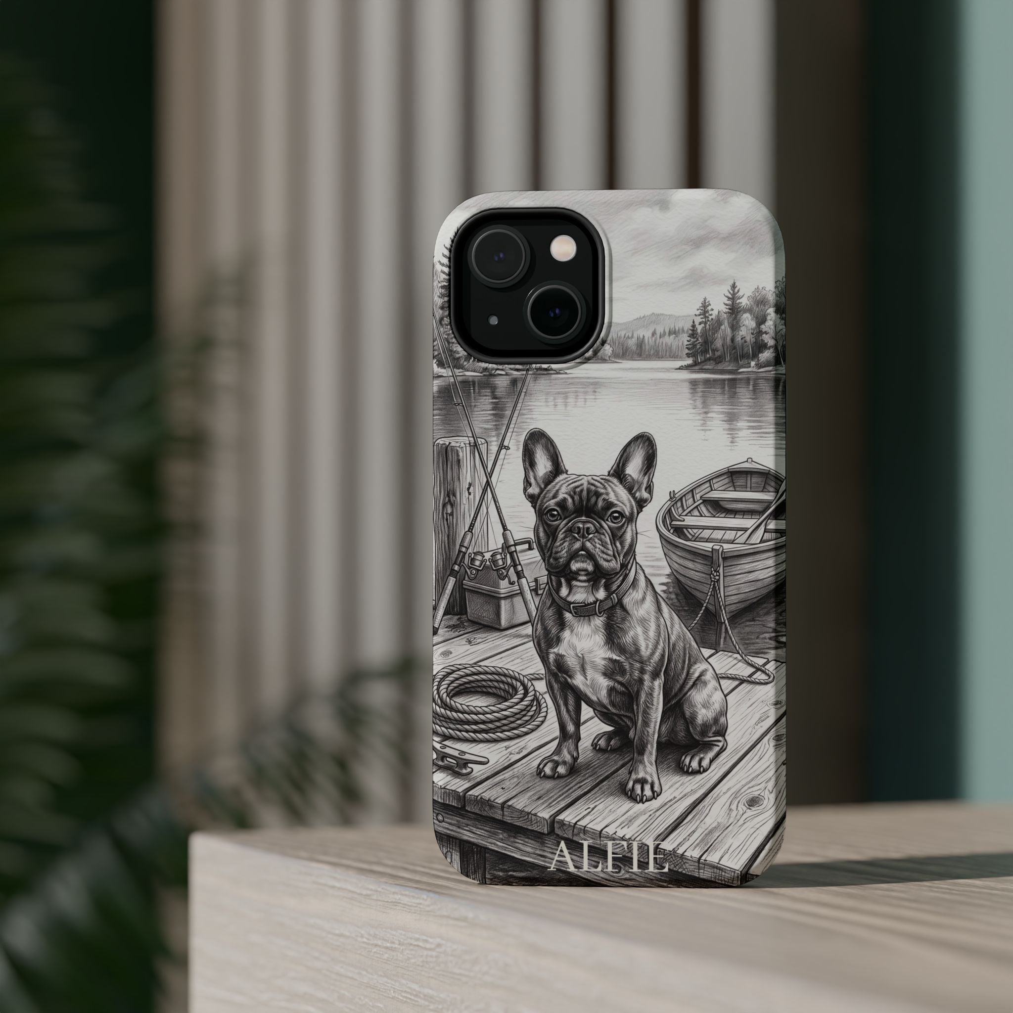 Personalized French Bulldog Lakeside Dock Phone Case — Wireless Charging Cover