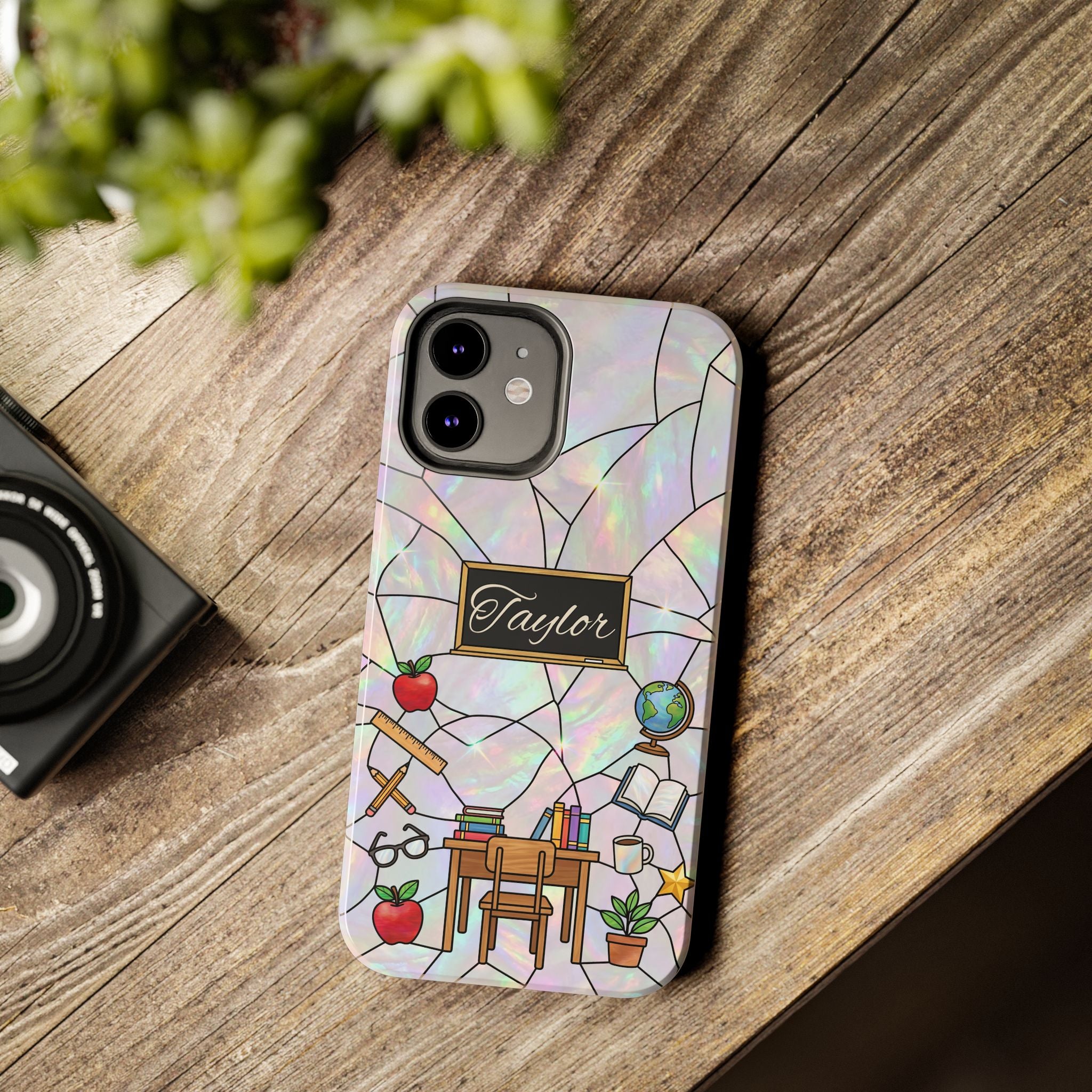 Personalized Teacher Phone Case — Custom Name Stained Glass Classroom Design