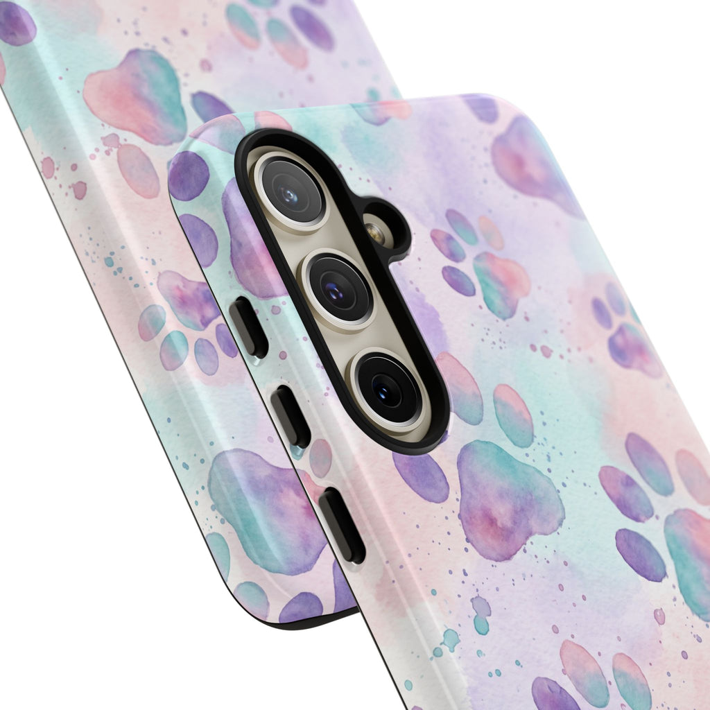 Watercolor Paw Print Phone Case | Pastel Purple, Teal & Pink Artistic Pattern | Samsung & iPhone
