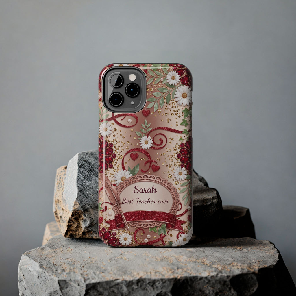 Personalized Teacher Phone Case — Custom Name and Message - Floral Jeweled Design