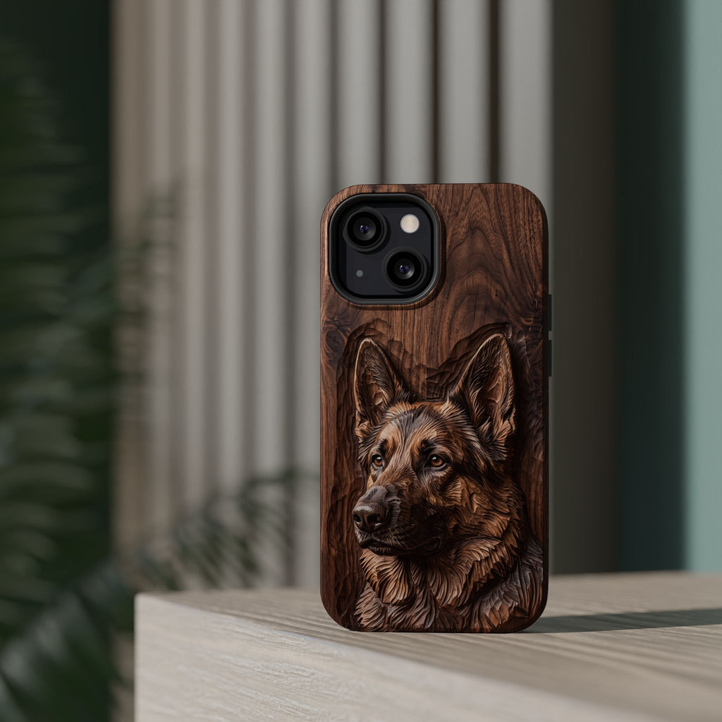 German Shepherd Phone Case | Carved Walnut Art — Tough Magnetic Case with Wireless Charging