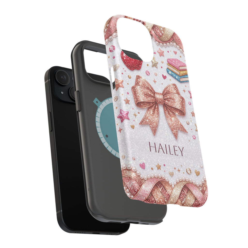 Rose Gold Glitter Bow Personalized Teacher Phone Case — Wireless Charging Cover