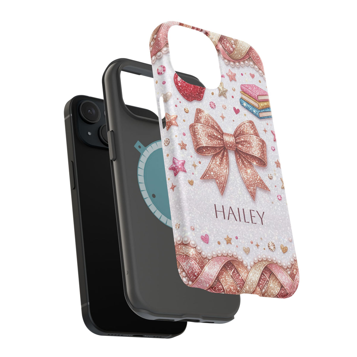Rose Gold Glitter Bow Personalized Teacher Phone Case — Wireless Charging Cover
